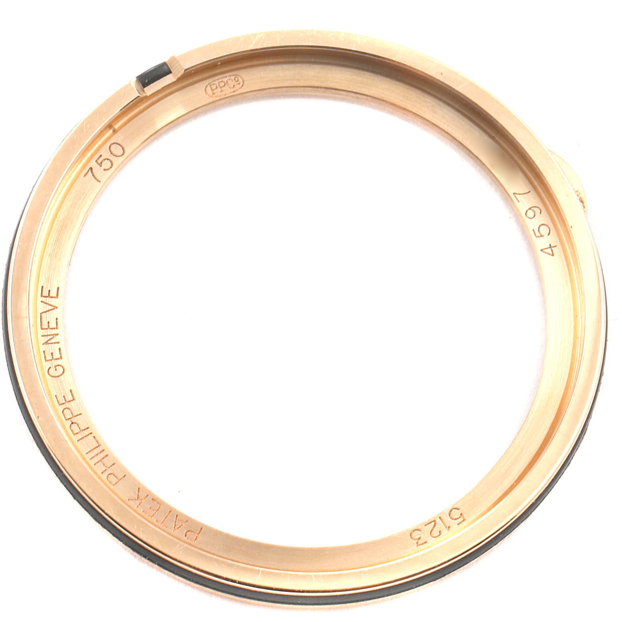 This image shows the bezel of a Patek Philippe Calatrava 5123R-001 Men's Rose Gold Silver Dial 5123R-001 Men's Rose Gold Silver Dial watch, viewed from a top-down angle.