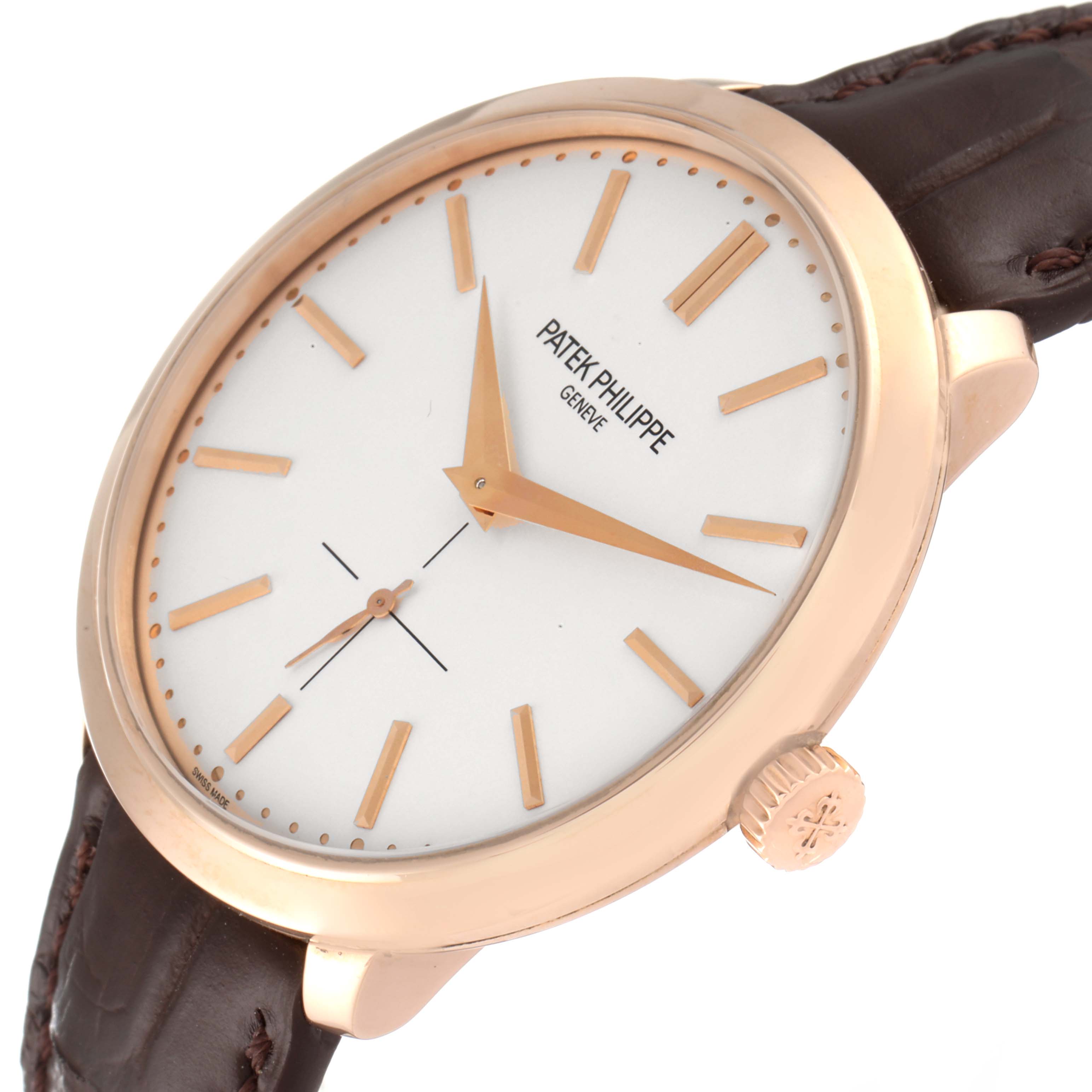 This image shows a close-up of the dial, case, and crown of a Patek Philippe Calatrava 5123R-001 Men's Rose Gold Silver Dial 5123R-001 Men's Rose Gold Silver Dial watch, highlighting the watch face and leather strap.
