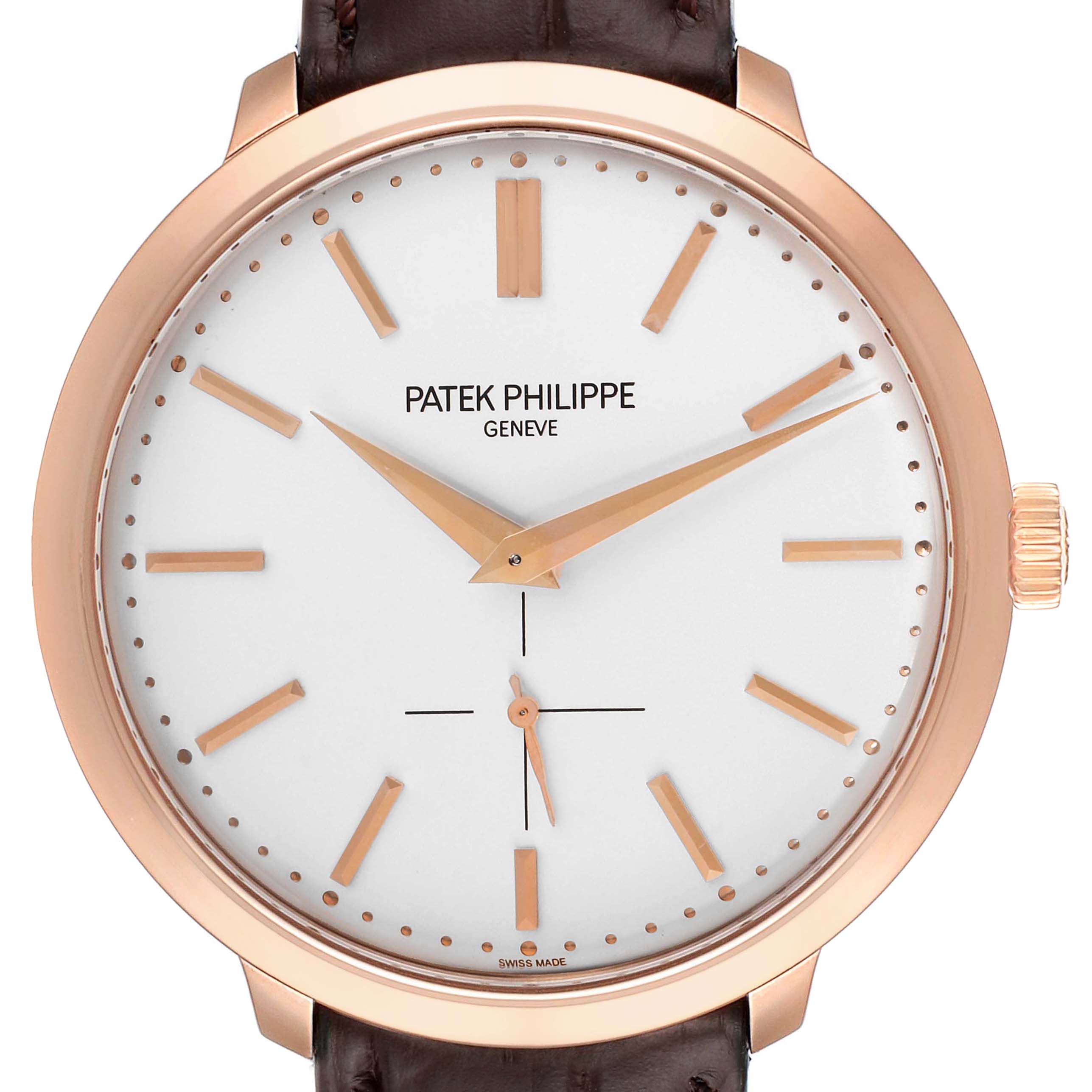This is a front view of a Patek Philippe Calatrava 5123R-001 Men's Rose Gold Silver Dial 5123R-001 Men's Rose Gold Silver Dial watch, showing the face, hands, crown, and part of the strap.