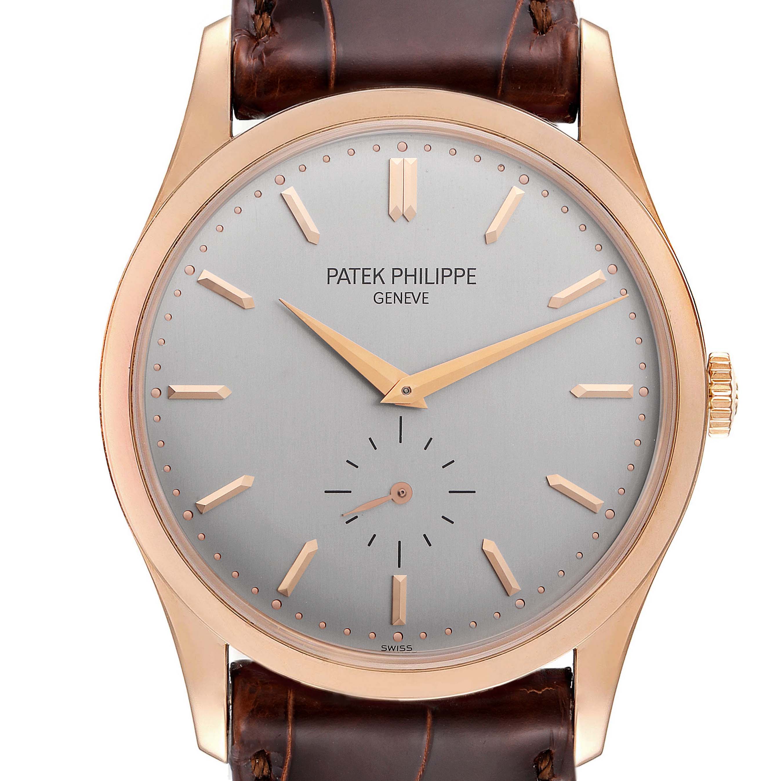 This image shows a top-down view of a Patek Philippe Calatrava 5196R Men's Rose Gold Silver Dial 5196R Men's Rose Gold Silver Dial watch, highlighting the face, hour markers, and leather strap.
