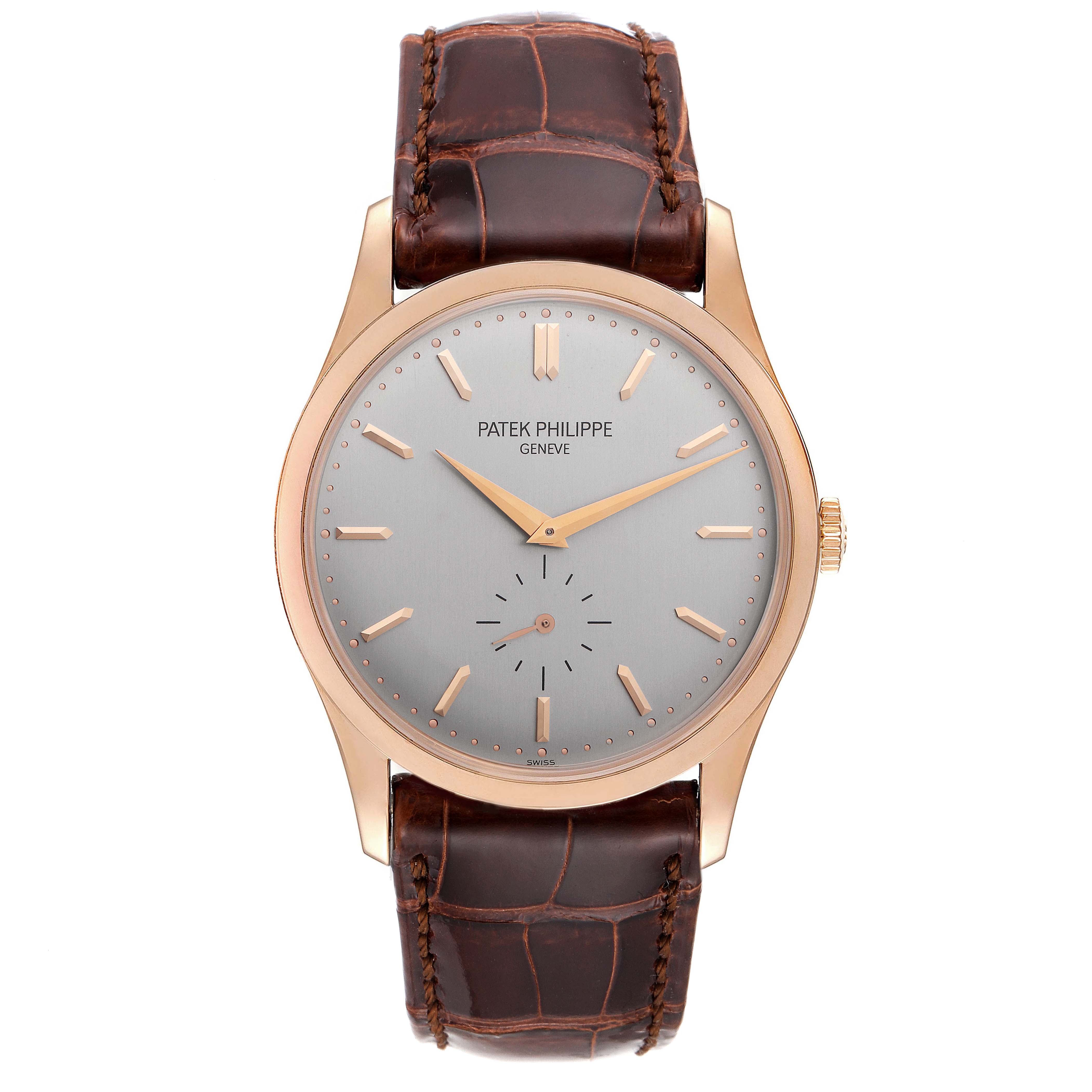 The Patek Philippe Calatrava 5196R Men's Rose Gold Silver Dial 5196R Men's Rose Gold Silver Dial watch is shown from a straight-on angle, displaying the full watch face and leather strap.