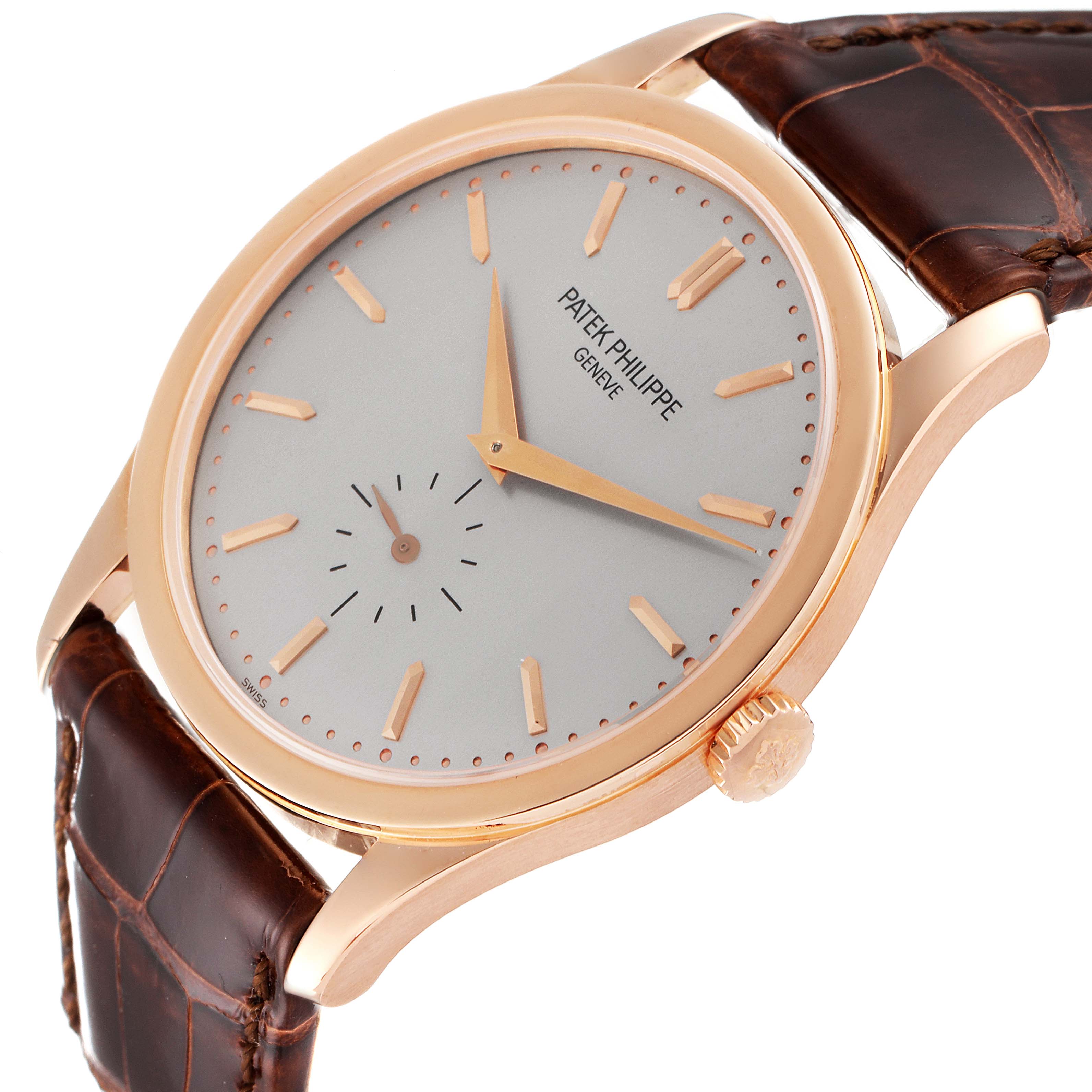 The image shows a side angle of a Patek Philippe Calatrava 5196R Men's Rose Gold Silver Dial 5196R Men's Rose Gold Silver Dial watch, highlighting the dial, case, and brown leather strap.