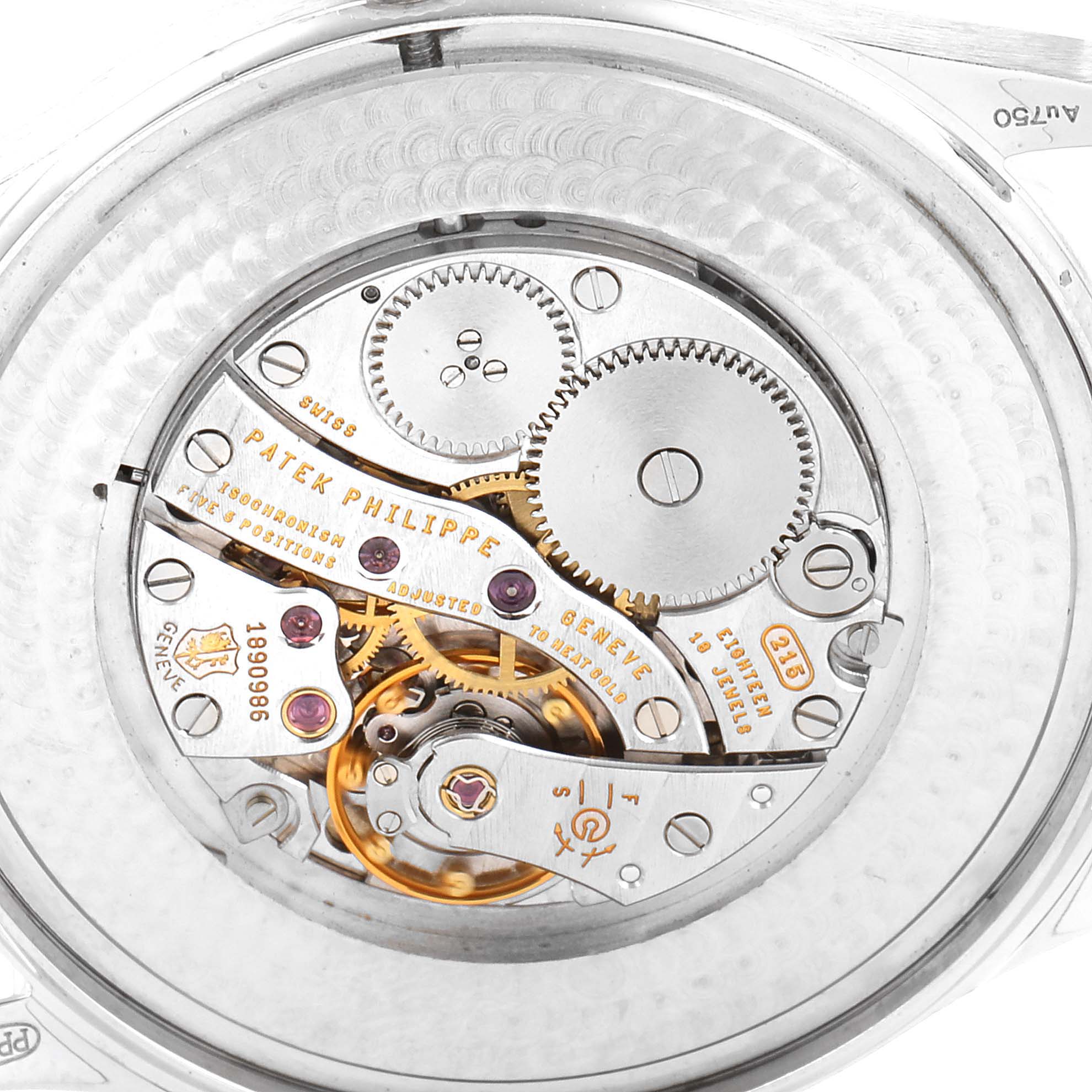 This image shows the intricate inner mechanism of a Patek Philippe Calatrava 5196G Men's White Gold Silver Dial 5196G Men's White Gold Silver Dial watch at a close-up angle.