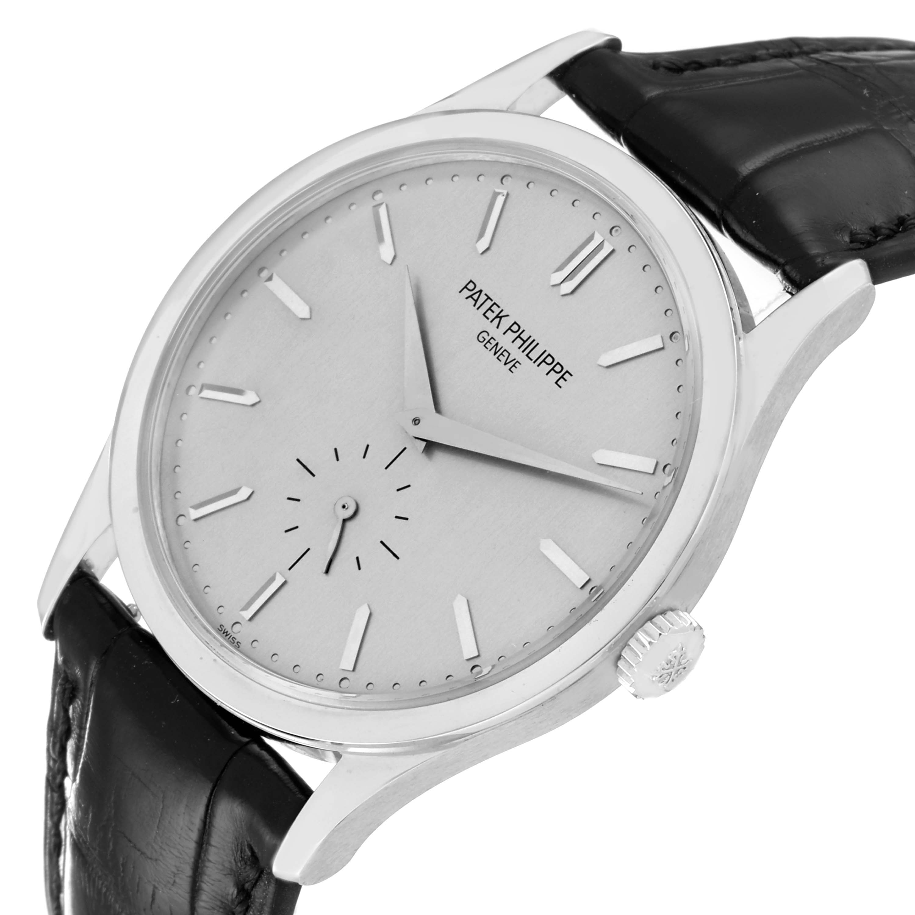 The image shows a side angle view of the dial, crown, and part of the strap of a Patek Philippe Calatrava 5196G Men's White Gold Silver Dial 5196G Men's White Gold Silver Dial model watch.