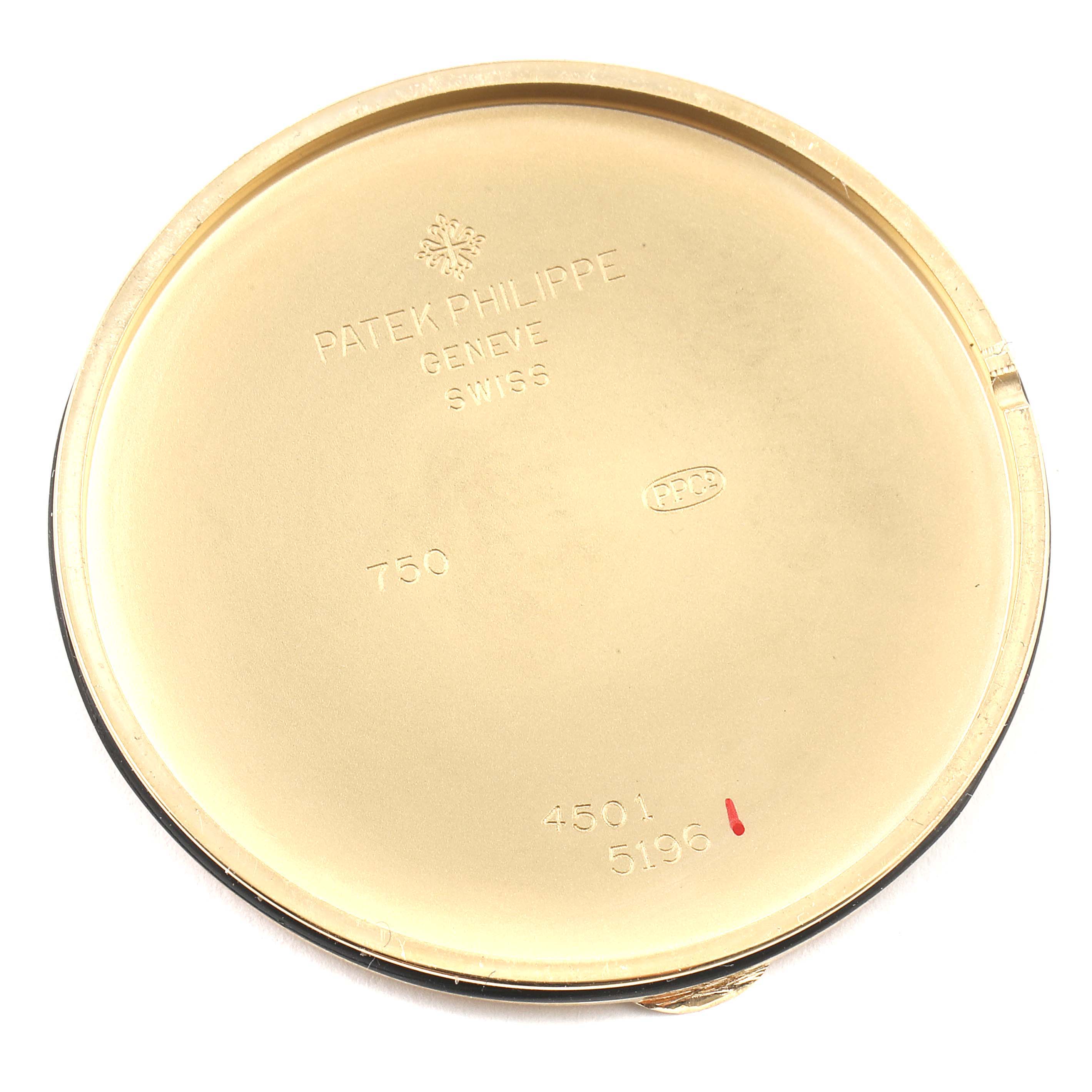 The image shows the inside of the case back of a Patek Philippe Calatrava 5196J Men's Yellow Gold Silver Dial 5196J Men's Yellow Gold Silver Dial model.