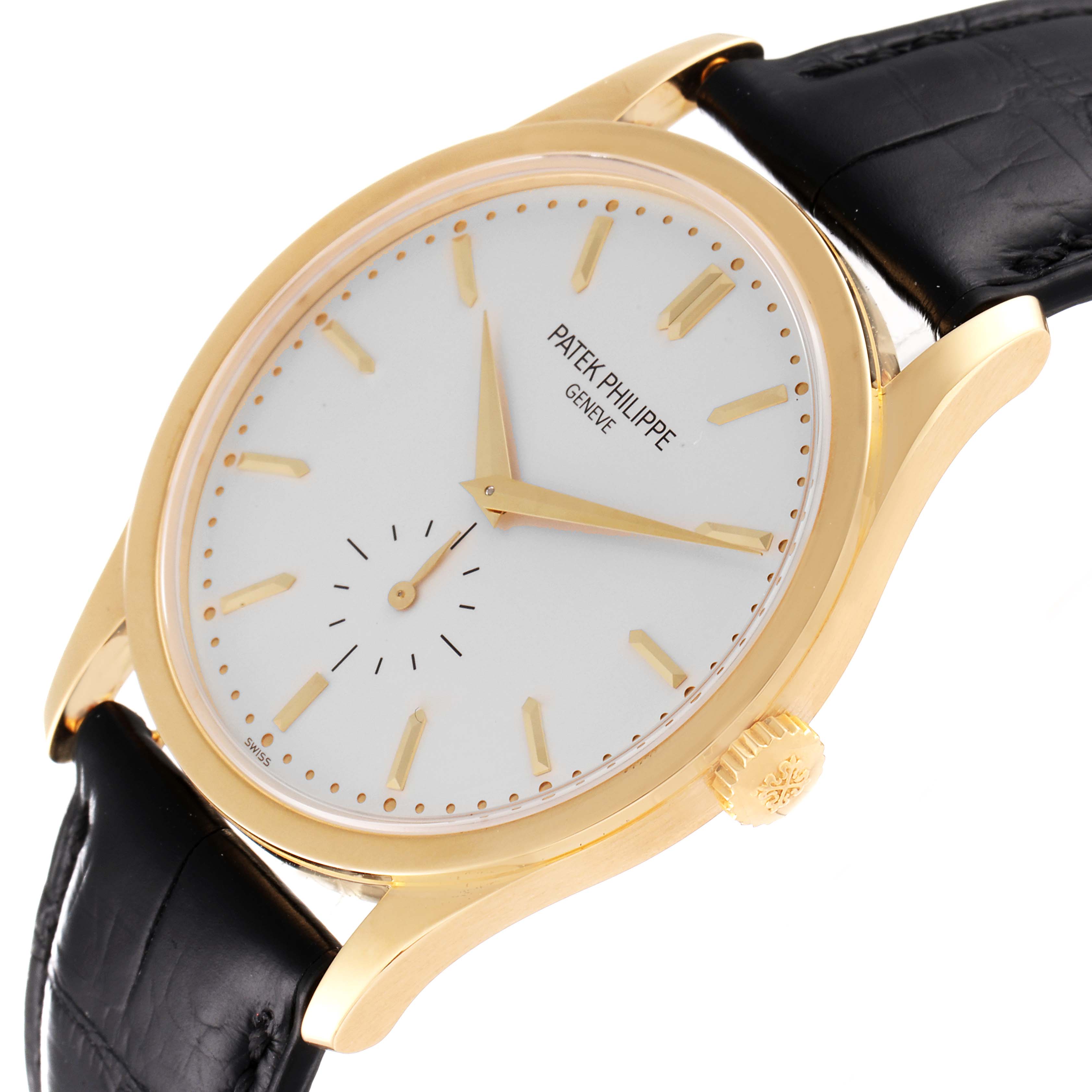 This image shows a Patek Philippe Calatrava 5196J Men's Yellow Gold Silver Dial 5196J Men's Yellow Gold Silver Dial watch at a slight angle, highlighting the face, gold case, black strap, and crown.