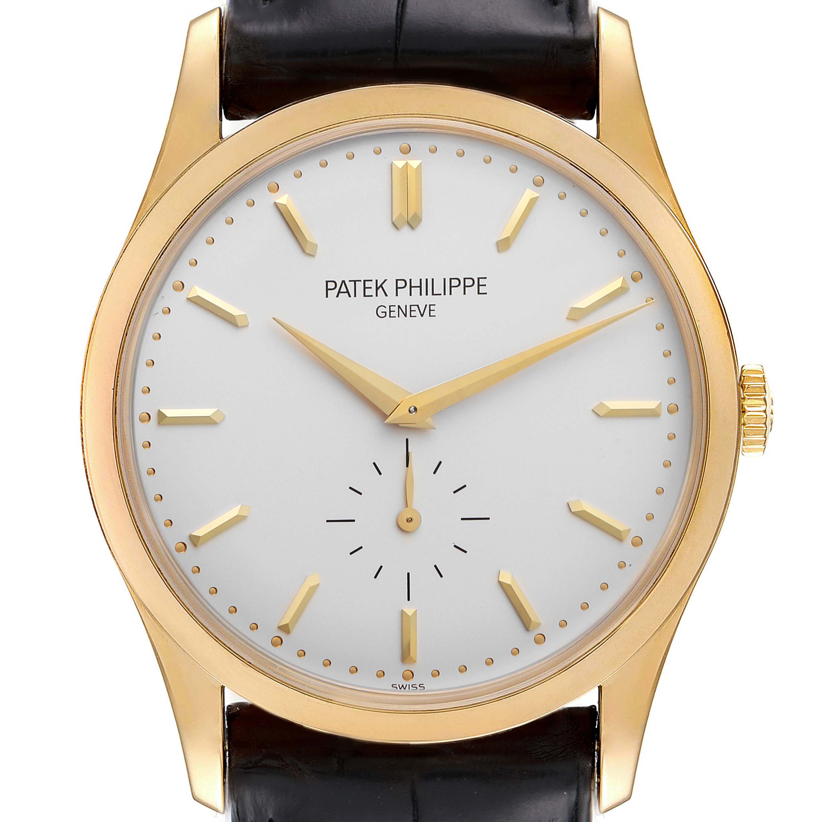 This image shows a front view of a Patek Philippe Calatrava 5196J Men's Yellow Gold Silver Dial 5196J Men's Yellow Gold Silver Dial watch, highlighting its dial, hands, and case.
