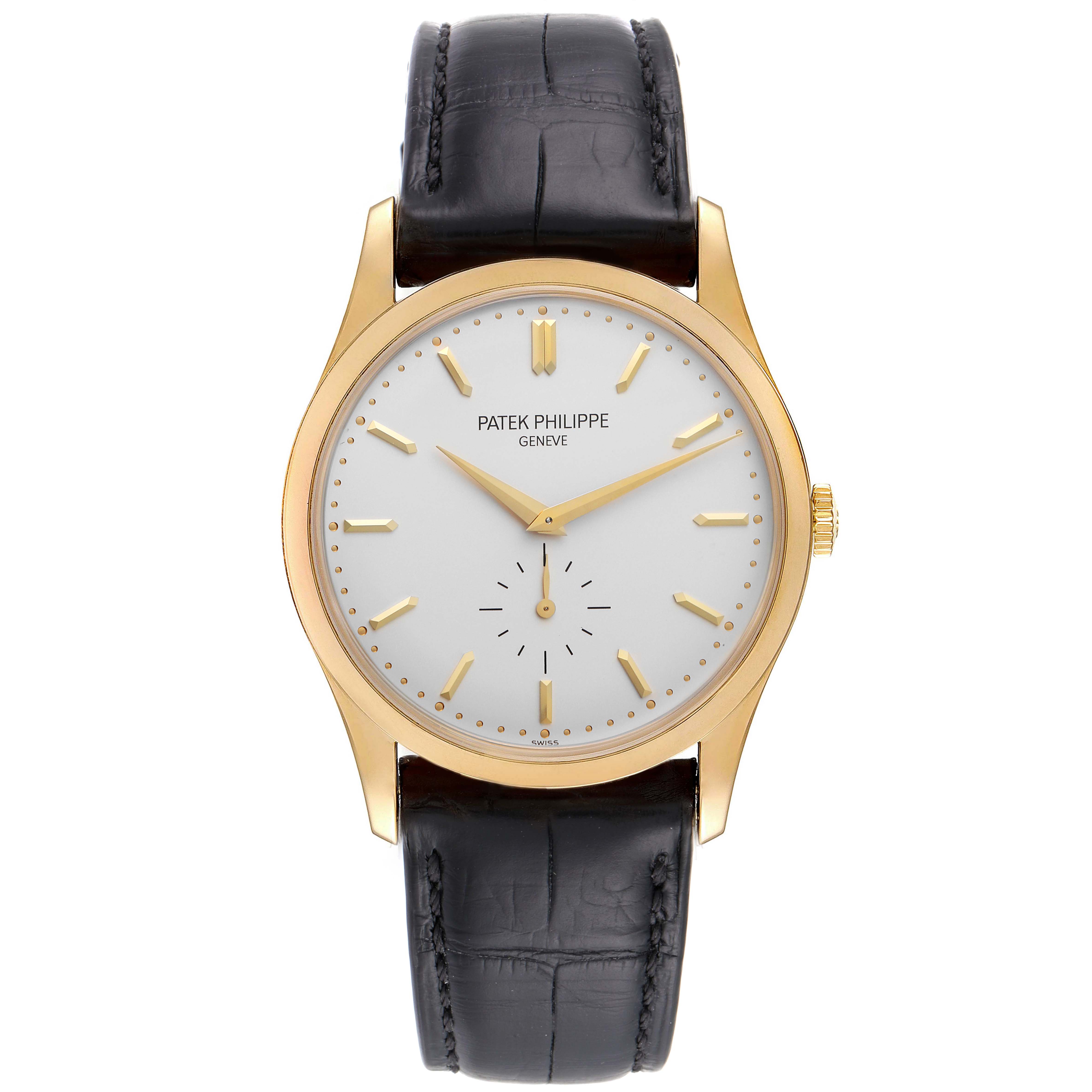 This image shows a front view of the Patek Philippe Calatrava 5196J Men's Yellow Gold Silver Dial 5196J Men's Yellow Gold Silver Dial watch, highlighting its dial, hands, and leather strap.
