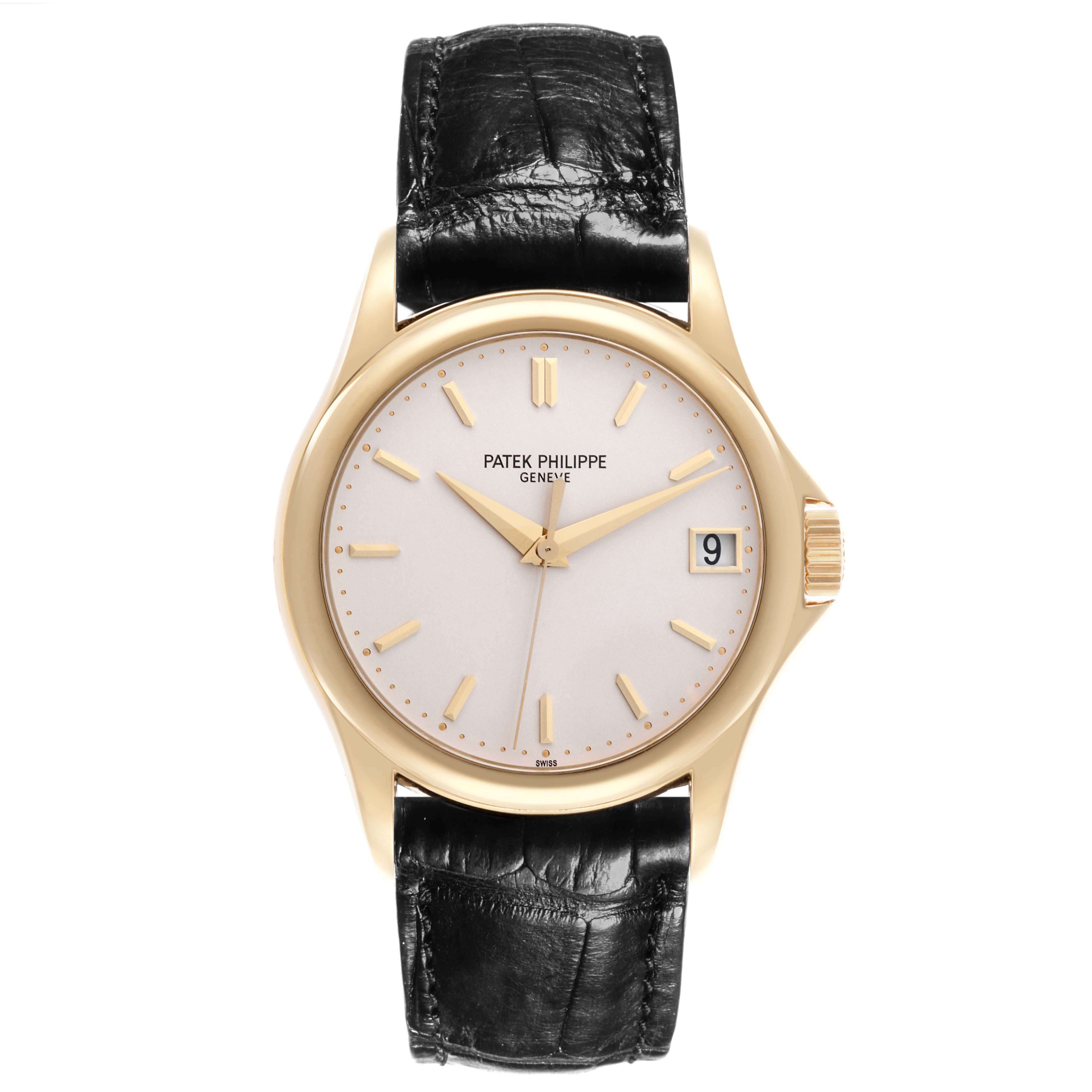 The Patek Philippe Calatrava 5127J-001 Men's Yellow Gold Silver Dial 5127J-001 Men's Yellow Gold Silver Dial watch is shown from a front angle, featuring its dial, gold case, and black leather strap.