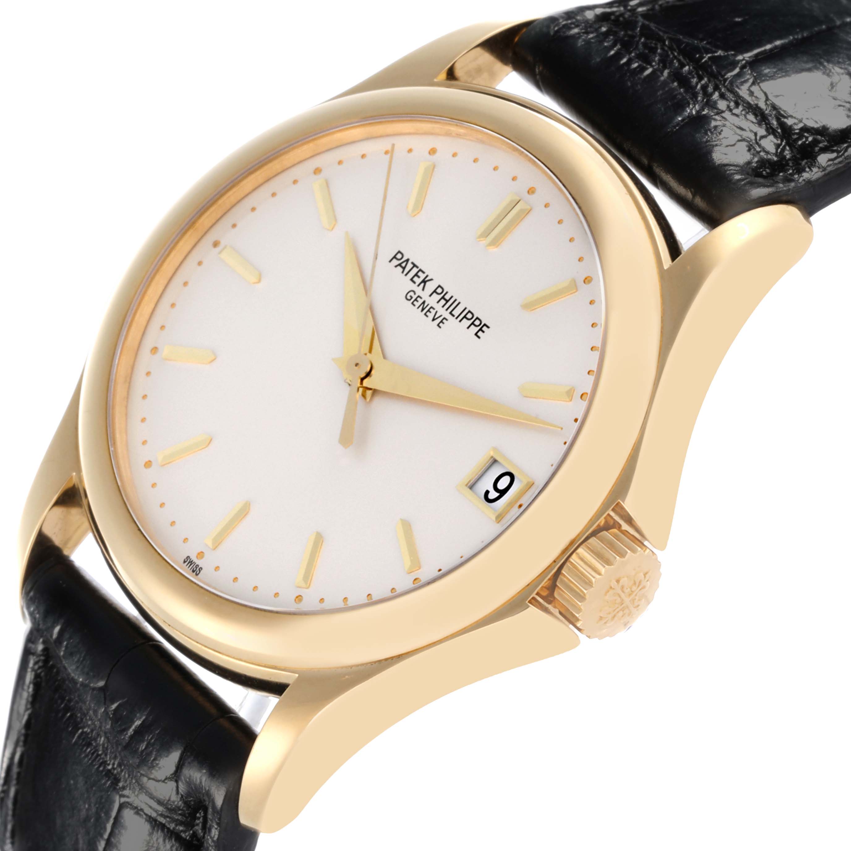 The Patek Philippe Calatrava 5127J-001 Men's Yellow Gold Silver Dial 5127J-001 Men's Yellow Gold Silver Dial watch is shown at a slight side angle, highlighting the dial, gold case, crown, and leather strap.