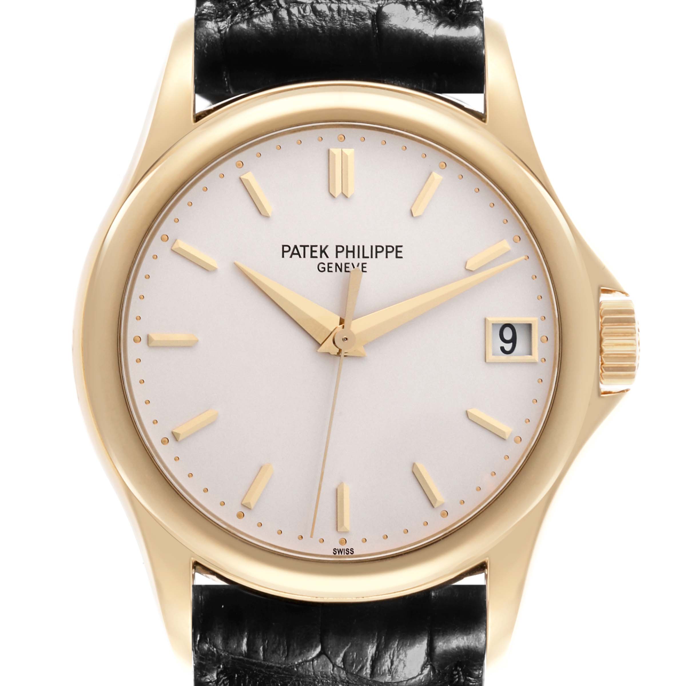 The image shows a front view of a Patek Philippe Calatrava 5127J-001 Men's Yellow Gold Silver Dial 5127J-001 Men's Yellow Gold Silver Dial watch, displaying the dial, hands, and a date window.