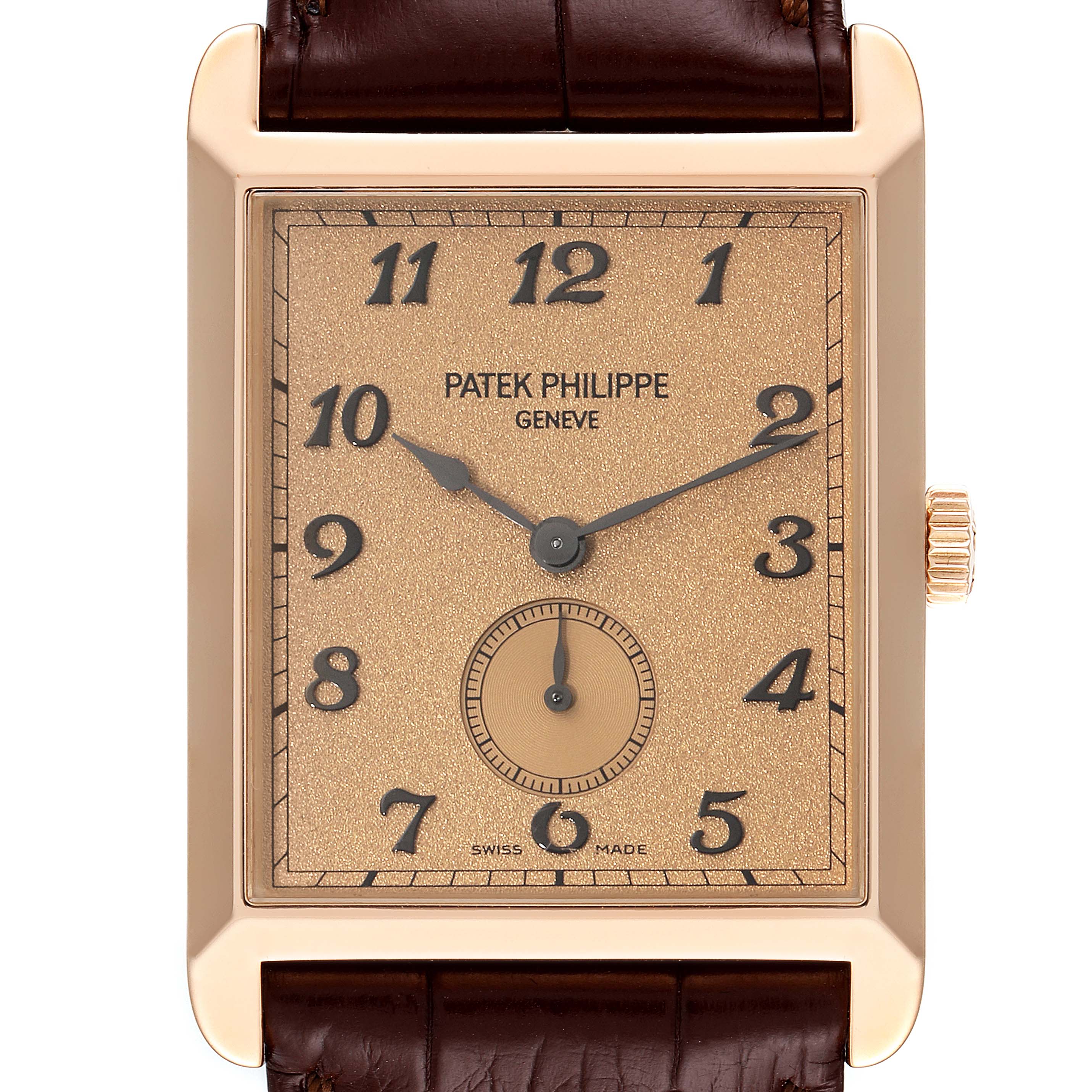 The image shows a front view of the Patek Philippe Gondolo 5109R Men's Rose Gold Pink Dial 5109R Men's Rose Gold Pink Dial watch, detailing its rectangular face, dial, and leather strap.