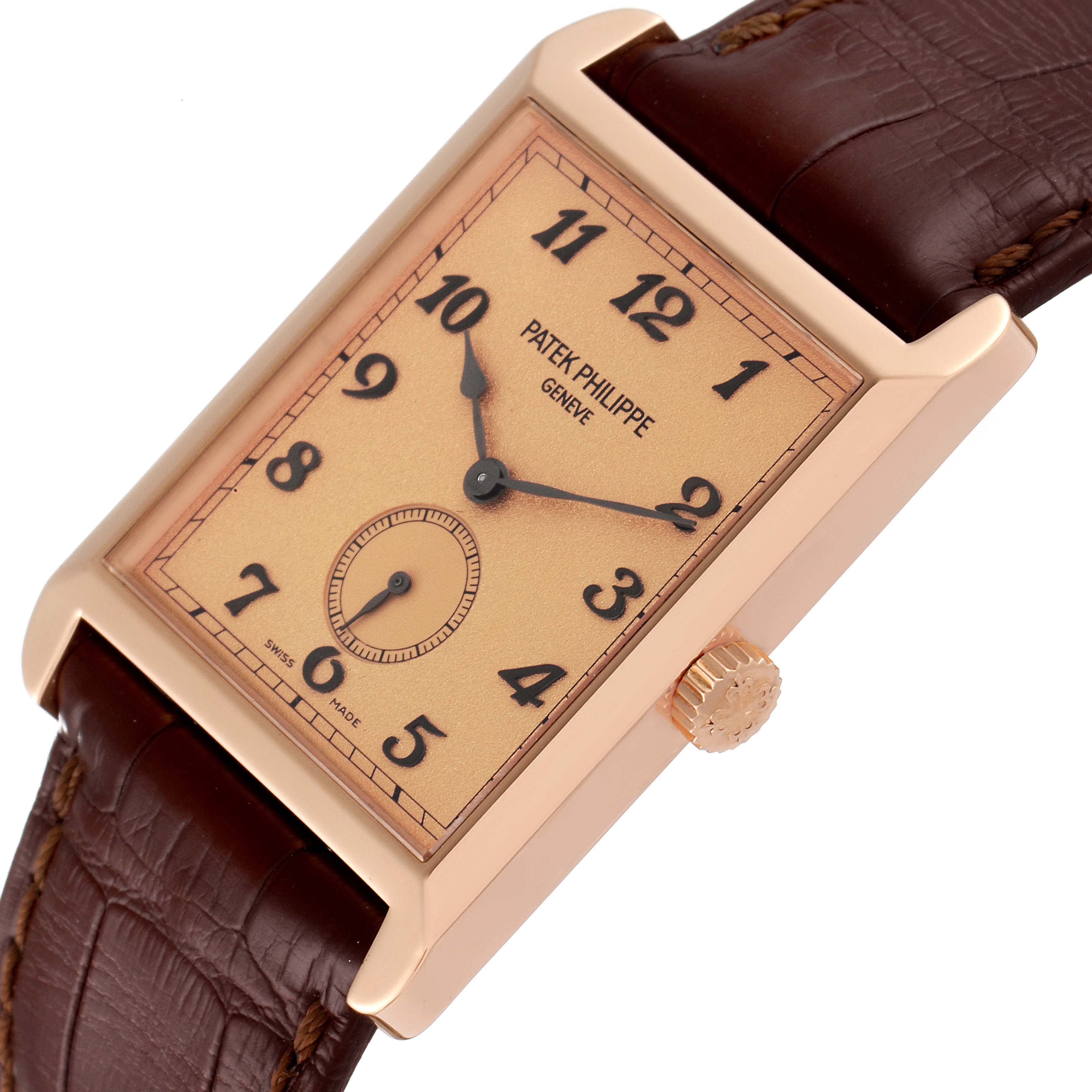 The image shows a close-up of the Patek Philippe Gondolo 5109R Men's Rose Gold Pink Dial 5109R Men's Rose Gold Pink Dial watch face, crown, and part of the brown leather strap at an angled view.