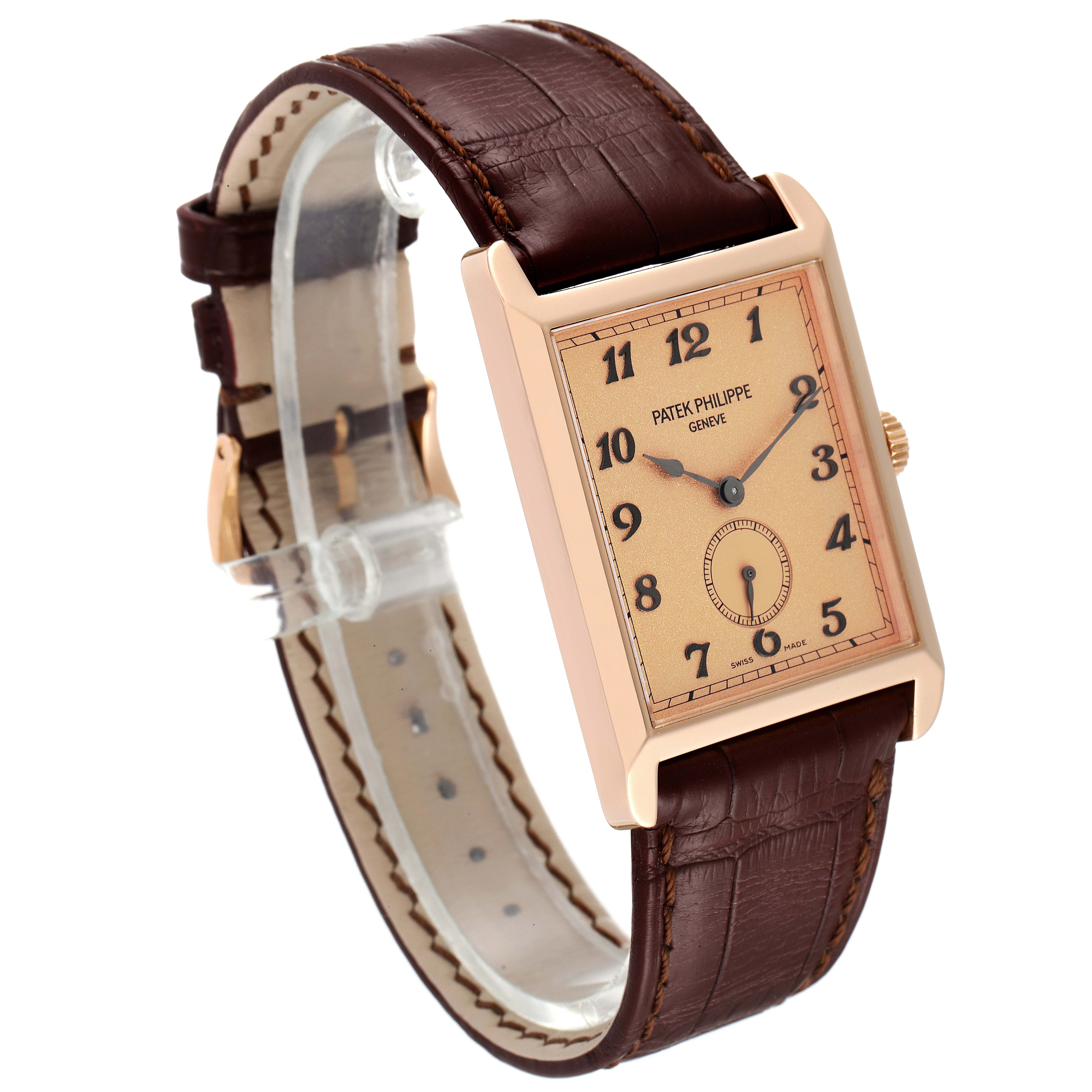 The image shows a Patek Philippe Gondolo 5109R Men's Rose Gold Pink Dial 5109R Men's Rose Gold Pink Dial watch at an angled view, displaying the rectangular face, dial, hands, and leather strap.