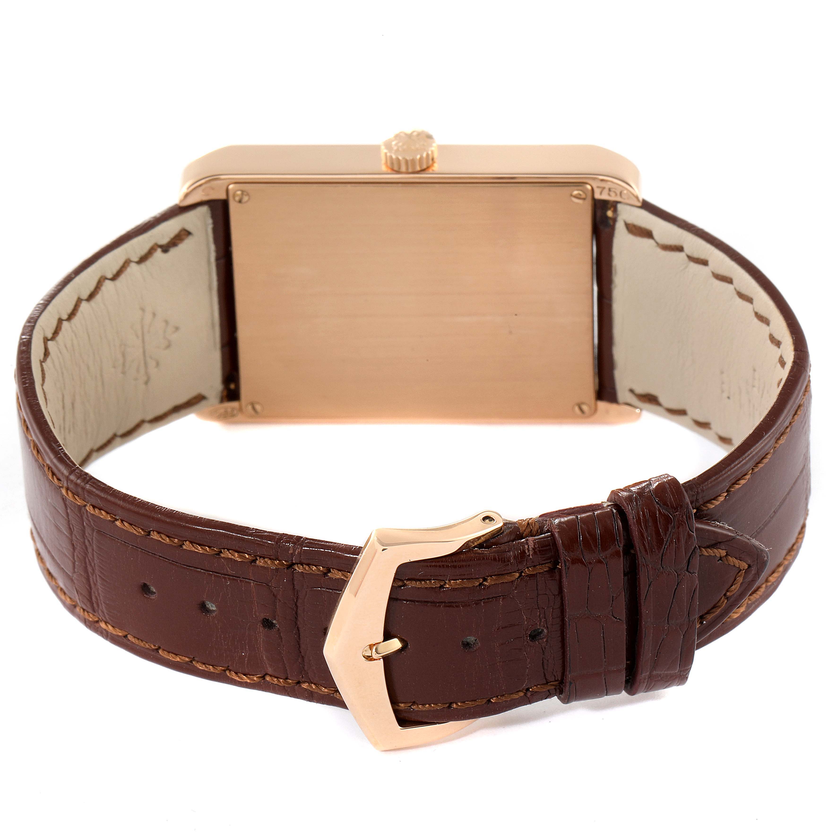 The image shows the back of a Patek Philippe Gondolo 5109R Men's Rose Gold Pink Dial 5109R Men's Rose Gold Pink Dial watch, including its leather strap and buckle.