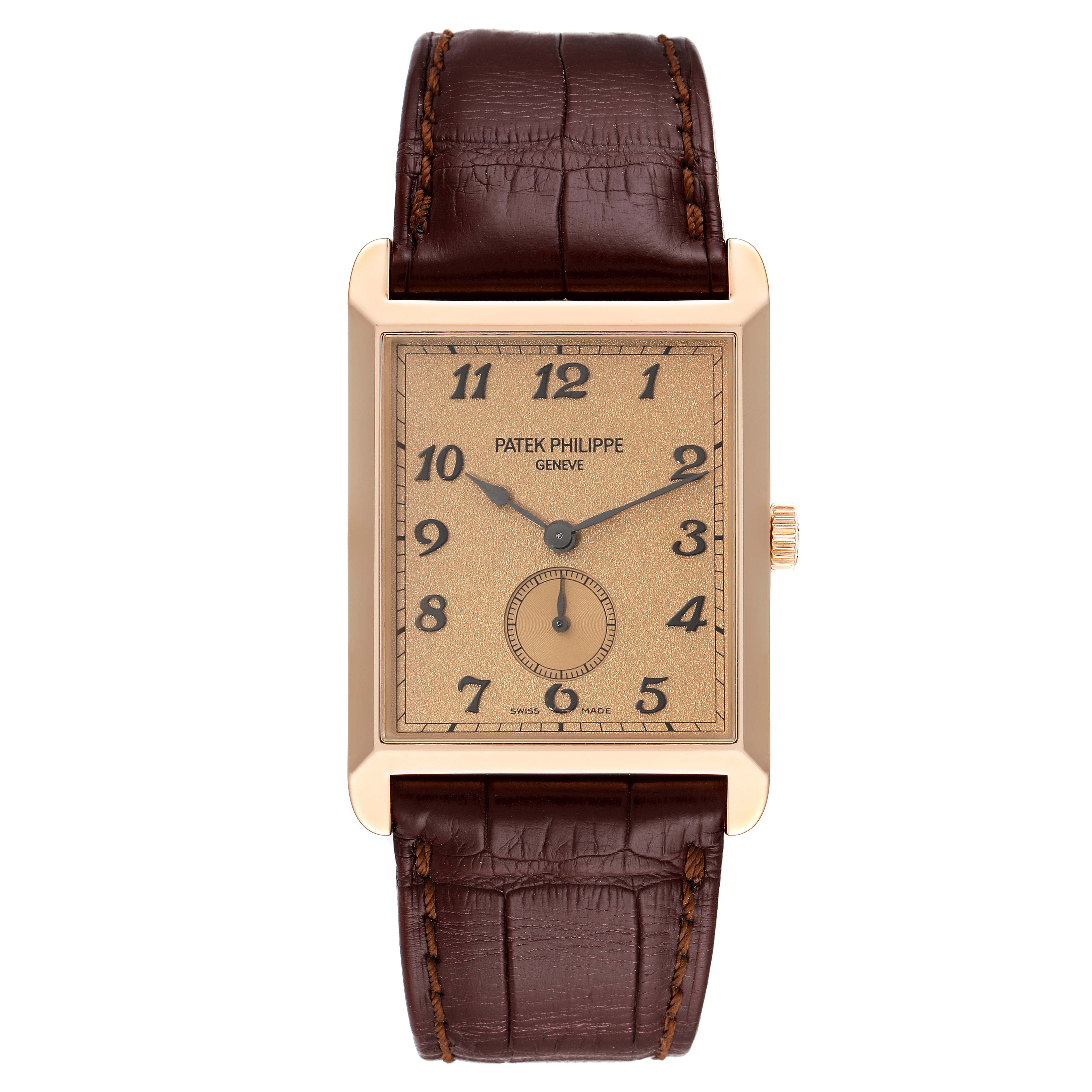 The image shows a front view of the Patek Philippe Gondolo 5109R Men's Rose Gold Pink Dial 5109R Men's Rose Gold Pink Dial watch, highlighting the dial, case, and leather strap.