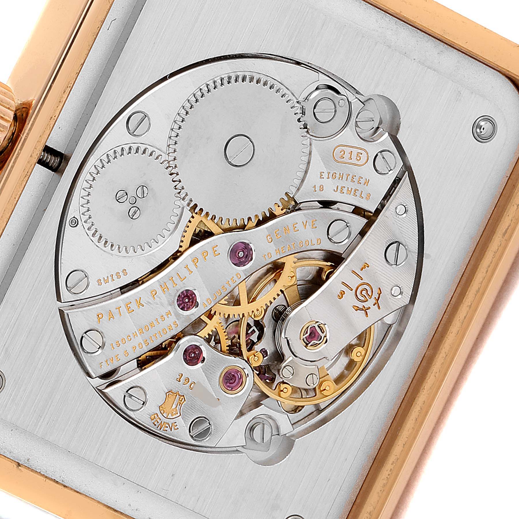 The image shows the movement and inner mechanism of the Patek Philippe Gondolo 5109R Men's Rose Gold Pink Dial 5109R Men's Rose Gold Pink Dial watch from a close-up, top-down angle.