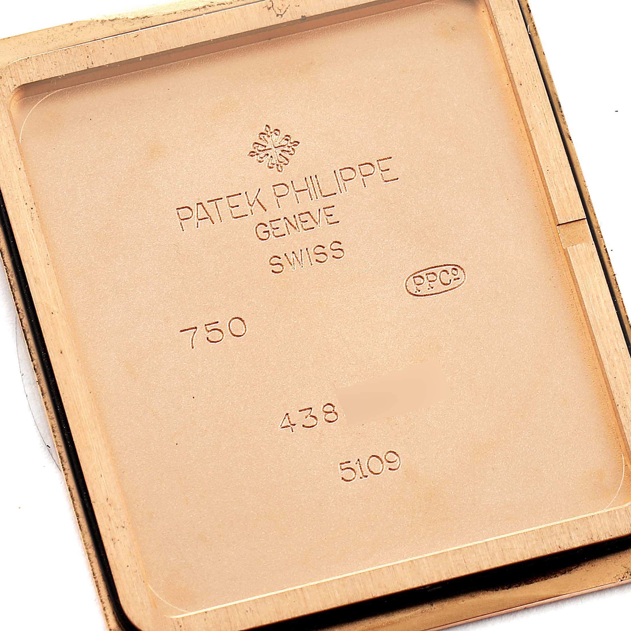 This image shows the inner side of the case back of a Patek Philippe Gondolo 5109R Men's Rose Gold Pink Dial 5109R Men's Rose Gold Pink Dial watch.