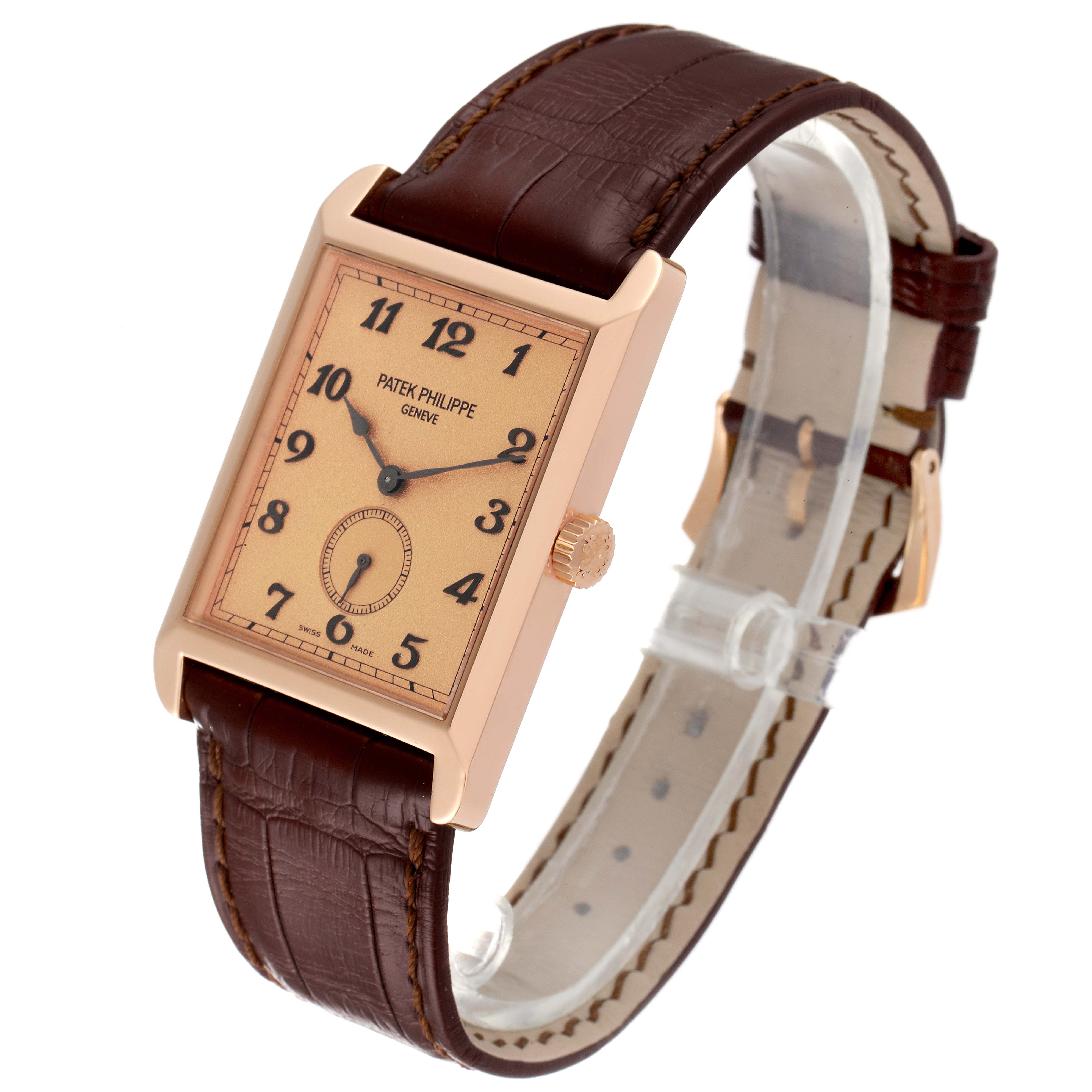 The image shows a Patek Philippe Gondolo 5109R Men's Rose Gold Pink Dial 5109R Men's Rose Gold Pink Dial watch at a slight angle, highlighting its brown leather strap and rectangular gold case.
