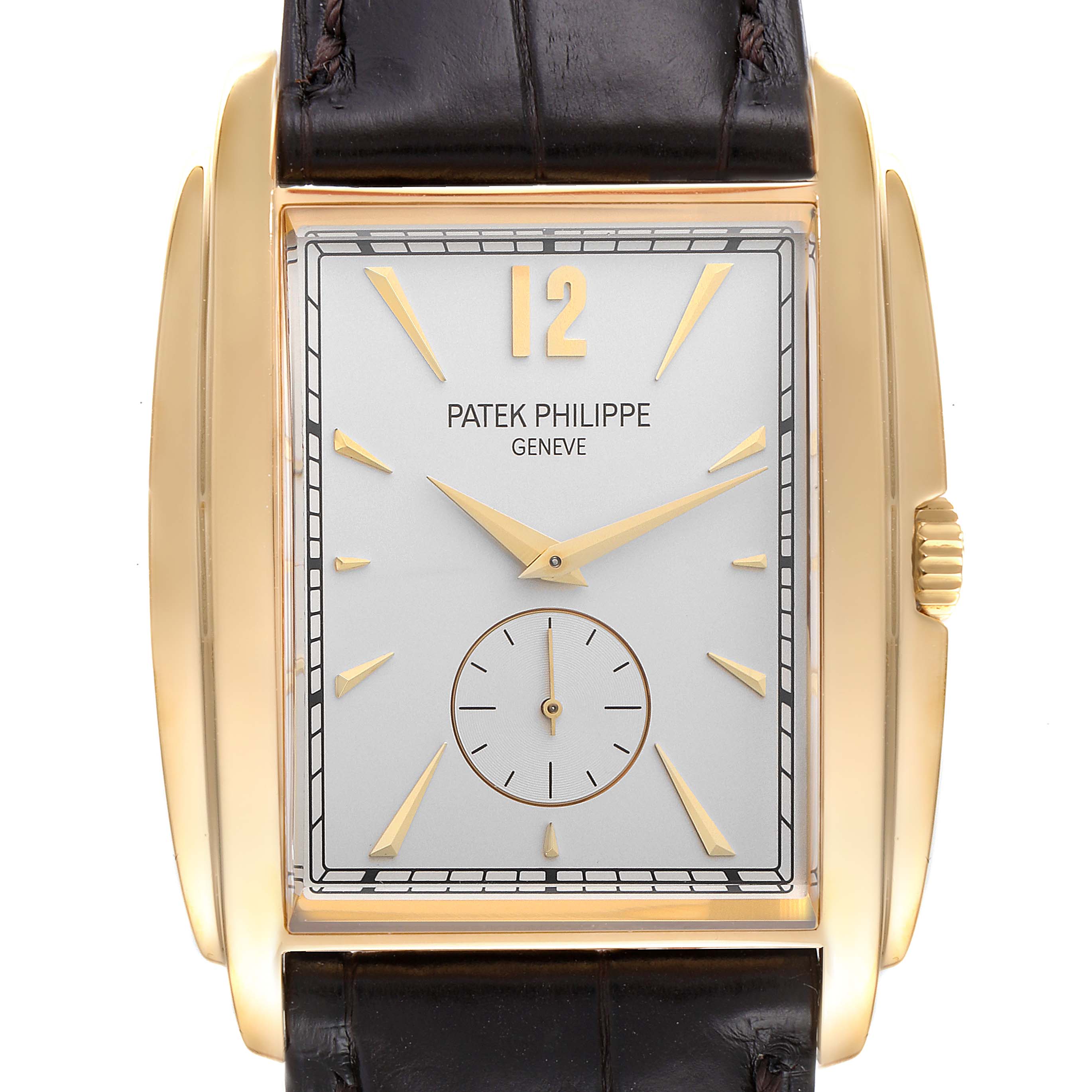 This image shows a front view of the Patek Philippe Gondolo 5124J Men's Yellow Gold Silver Dial 5124J Men's Yellow Gold Silver Dial watch, featuring its gold case, silver dial, and leather strap.