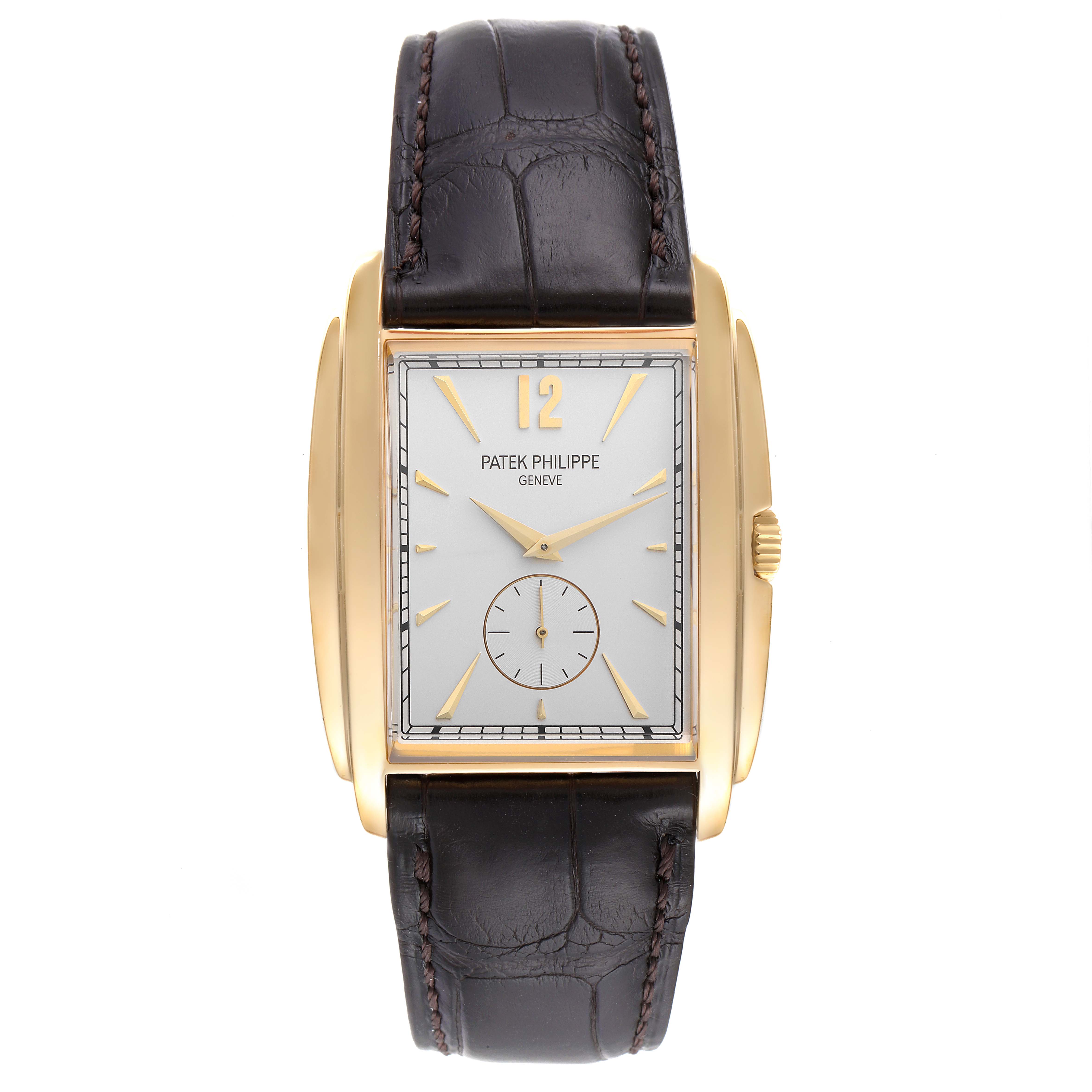 The image shows a frontal view of the Patek Philippe Gondolo 5124J Men's Yellow Gold Silver Dial 5124J Men's Yellow Gold Silver Dial watch, featuring a gold rectangular case with a brown leather strap.