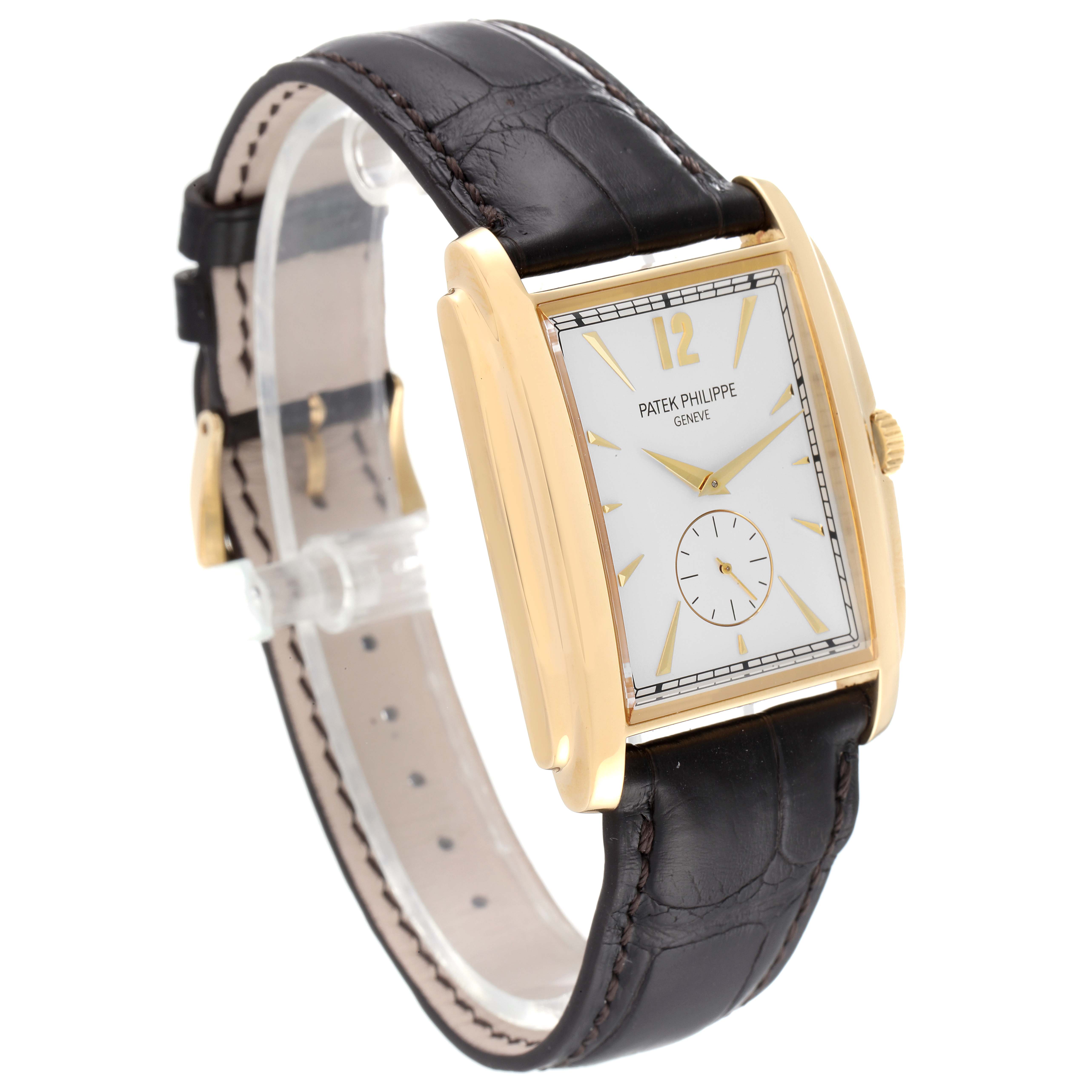 The image shows a front-left angled view of the Patek Philippe Gondolo 5124J Men's Yellow Gold Silver Dial 5124J Men's Yellow Gold Silver Dial watch, displaying its dial, case, and leather strap.