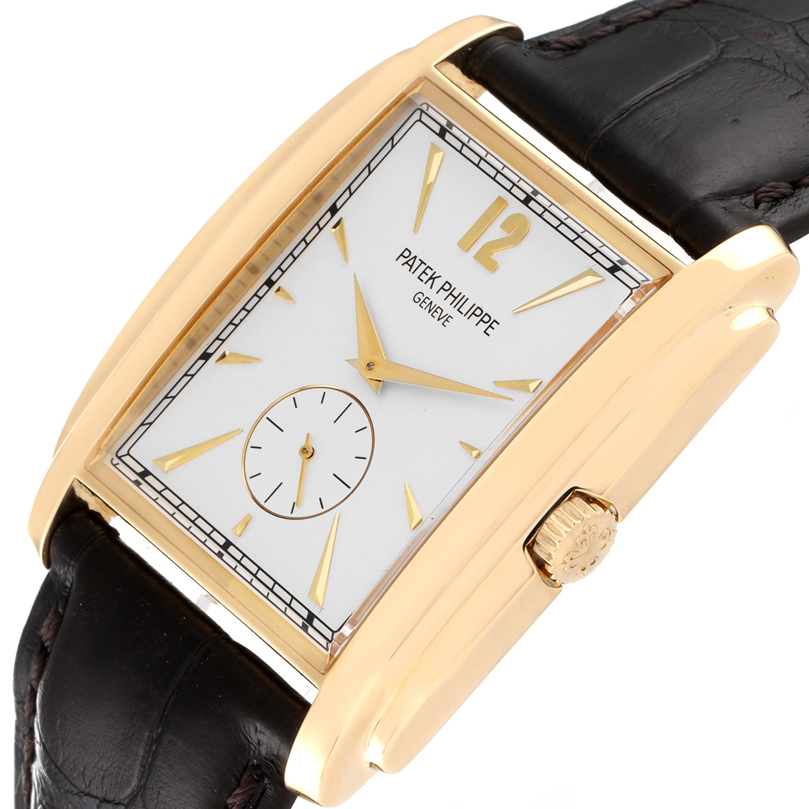 The image shows a Patek Philippe Gondolo 5124J Men's Yellow Gold Silver Dial 5124J Men's Yellow Gold Silver Dial watch at an angle highlighting the crown, dial, case, and leather strap.