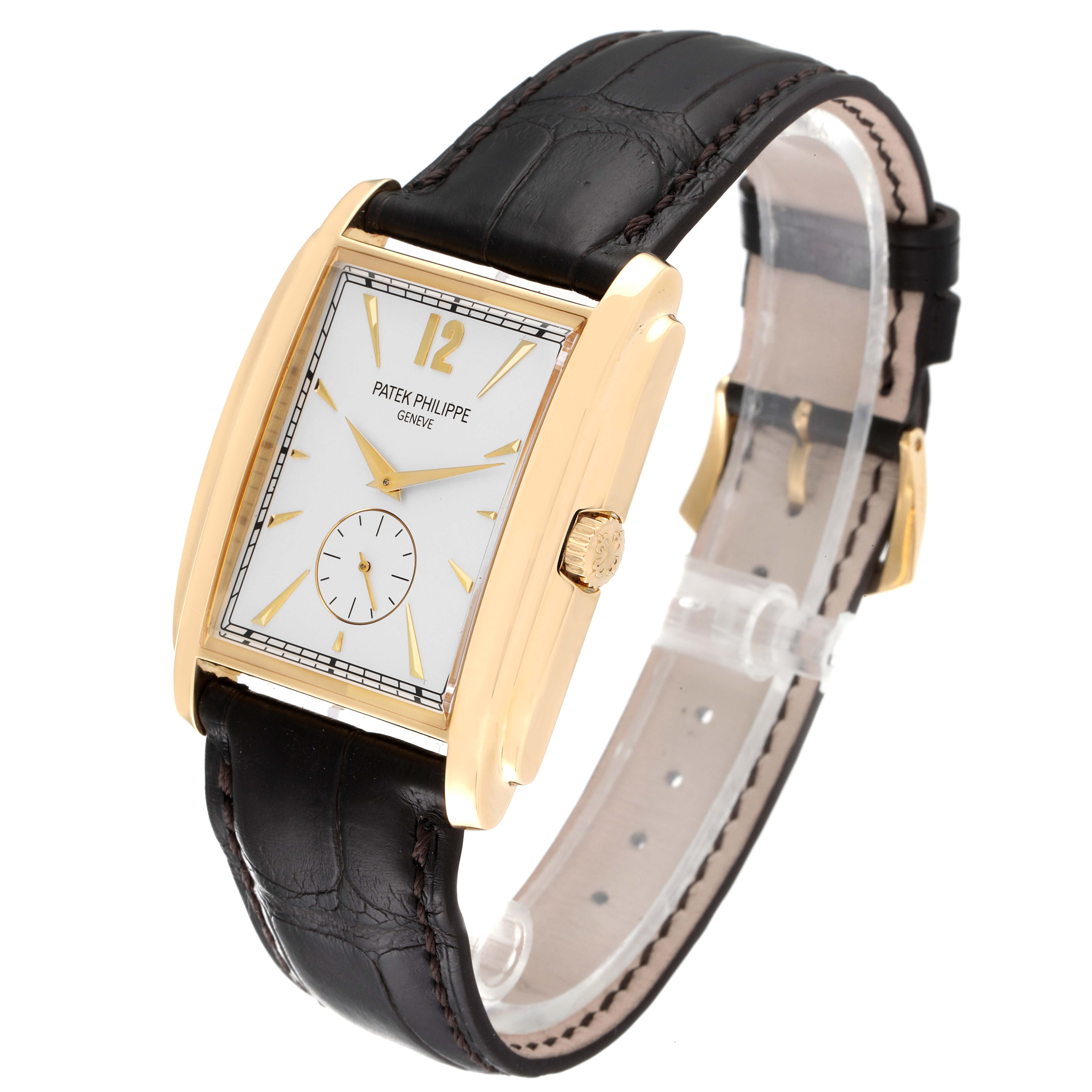 The Patek Philippe Gondolo 5124J Men's Yellow Gold Silver Dial 5124J Men's Yellow Gold Silver Dial watch is shown at a slight angle highlighting the face, crown, and leather strap.