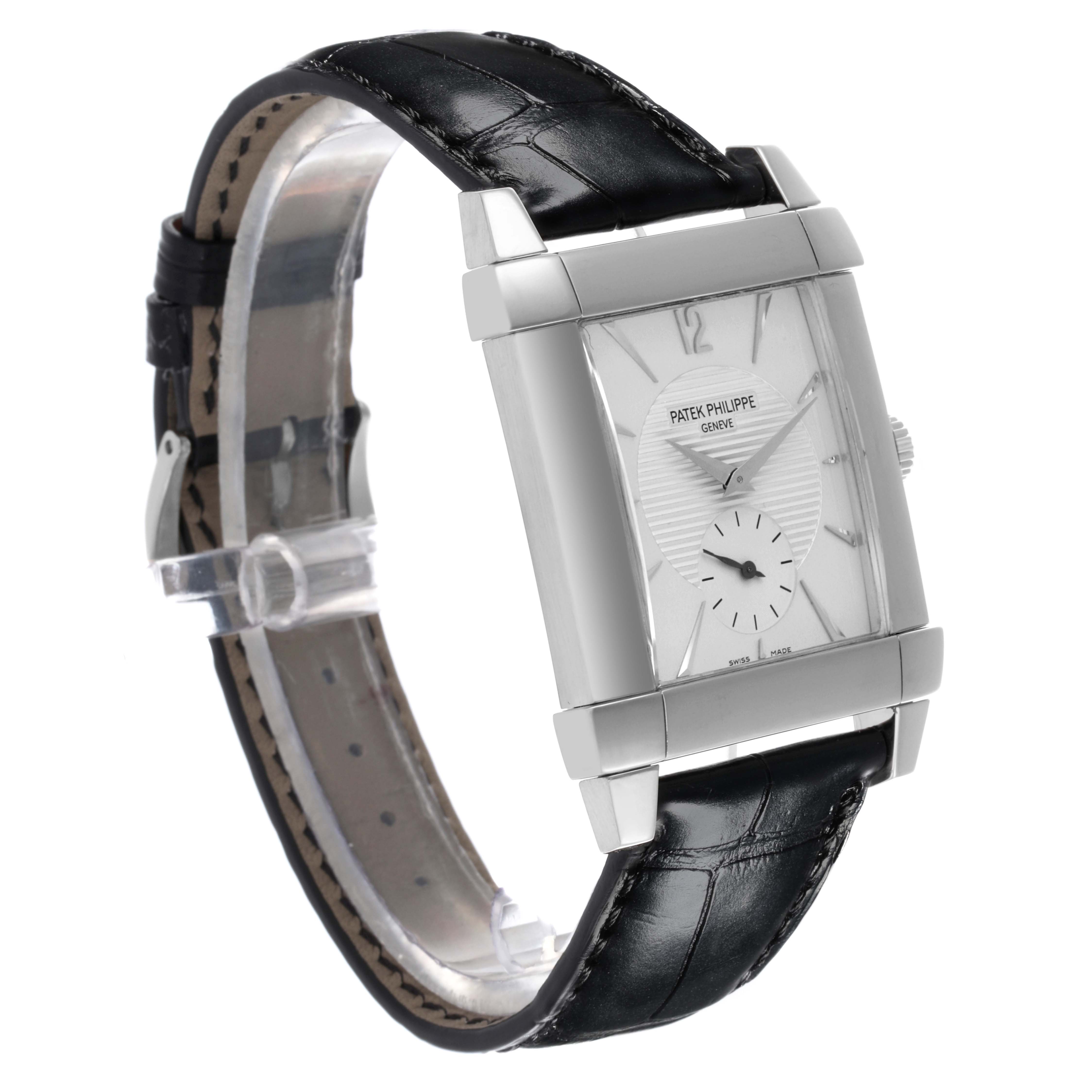 The image shows a Patek Philippe Gondolo 5111G-001 Men's White Gold Silver Dial 5111G-001 Men's White Gold Silver Dial watch at a slight angle, highlighting the face, case, and leather strap.