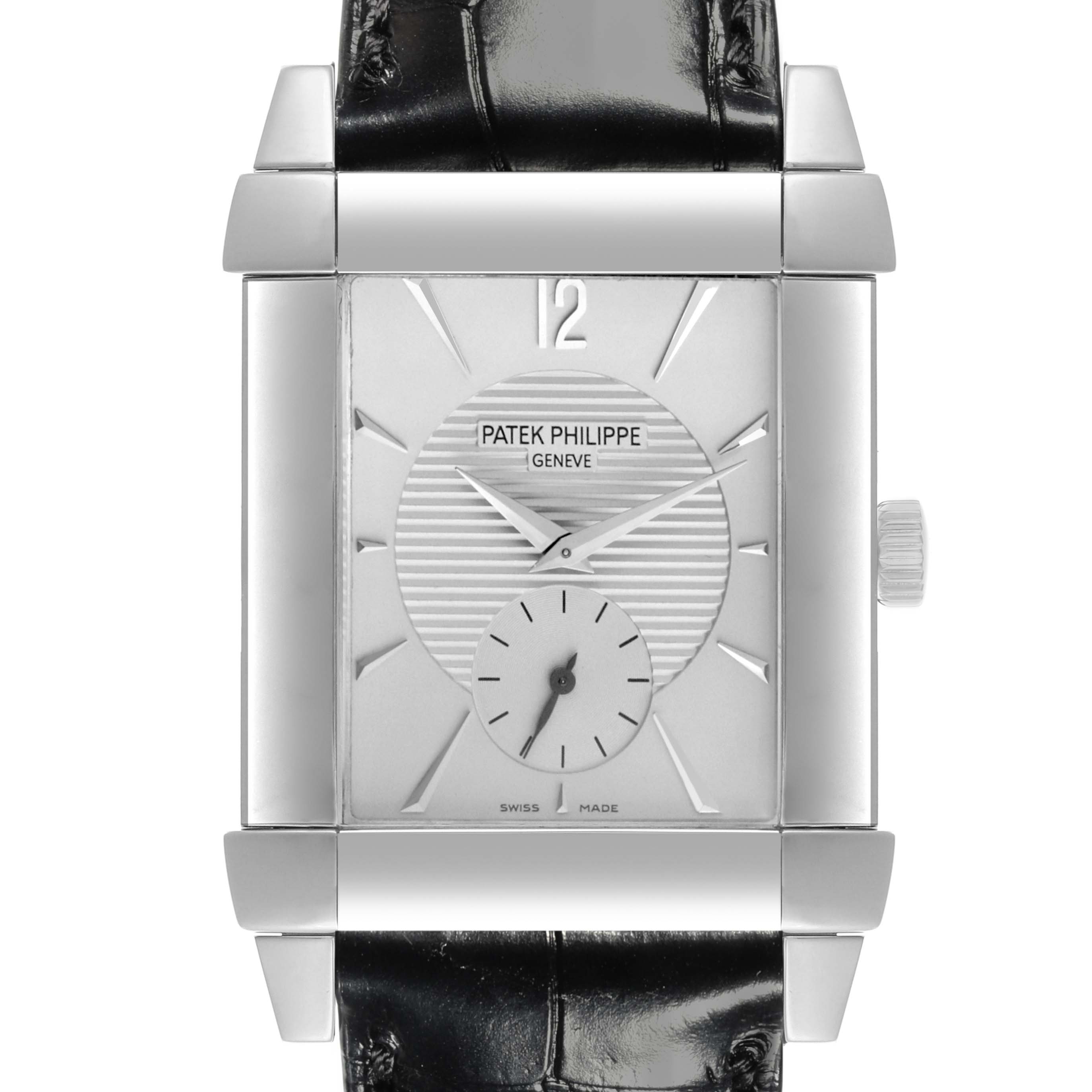 The Patek Philippe Gondolo 5111G-001 Men's White Gold Silver Dial 5111G-001 Men's White Gold Silver Dial watch is shown from a frontal angle, highlighting its dial, case, and part of the black leather strap.