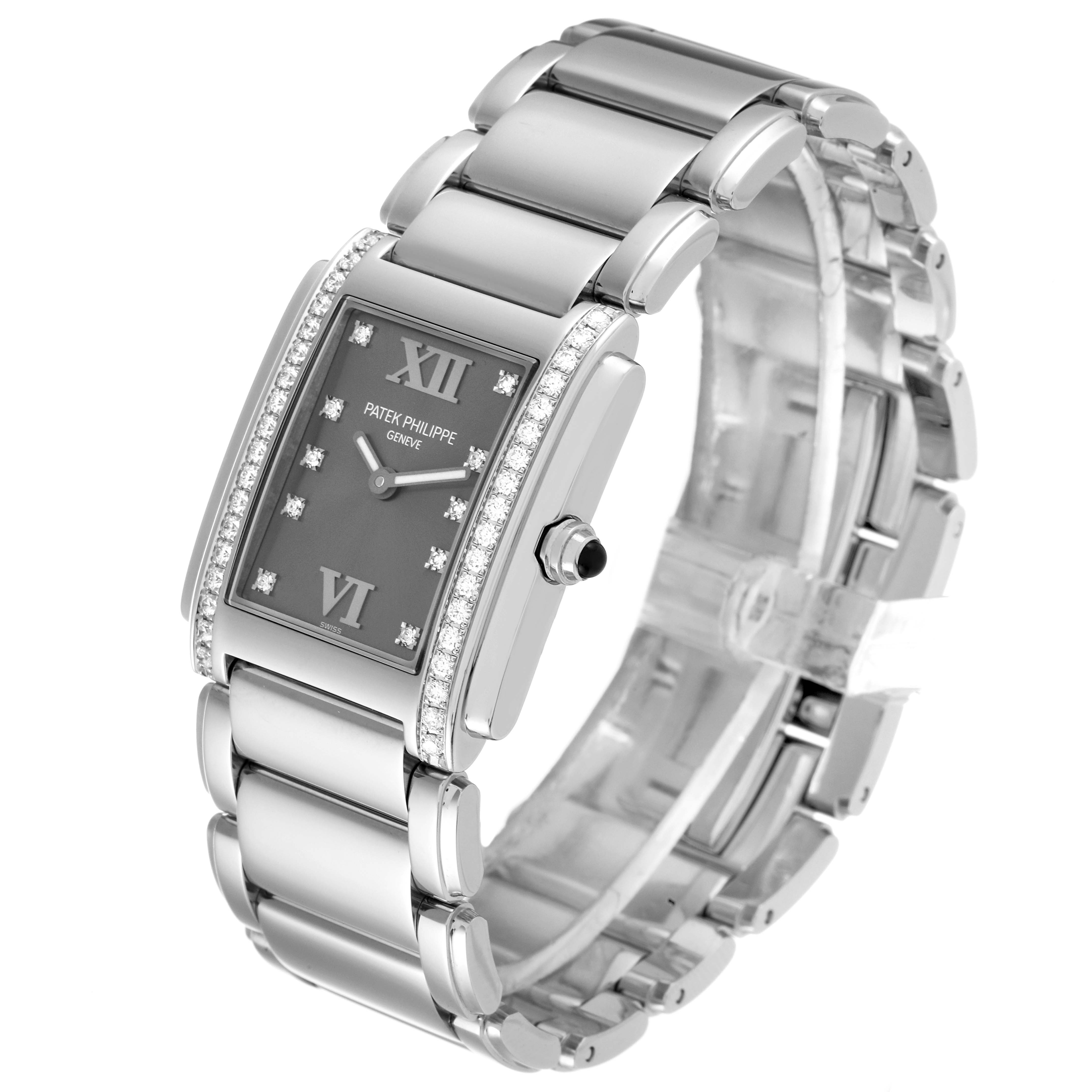 The image shows a Patek Philippe Twenty-4 4910 Women's Stainless Steel Grey Dial 4910 Women's Stainless Steel Grey Dial watch at a three-quarter angle, highlighting the dial, bezel, and bracelet.