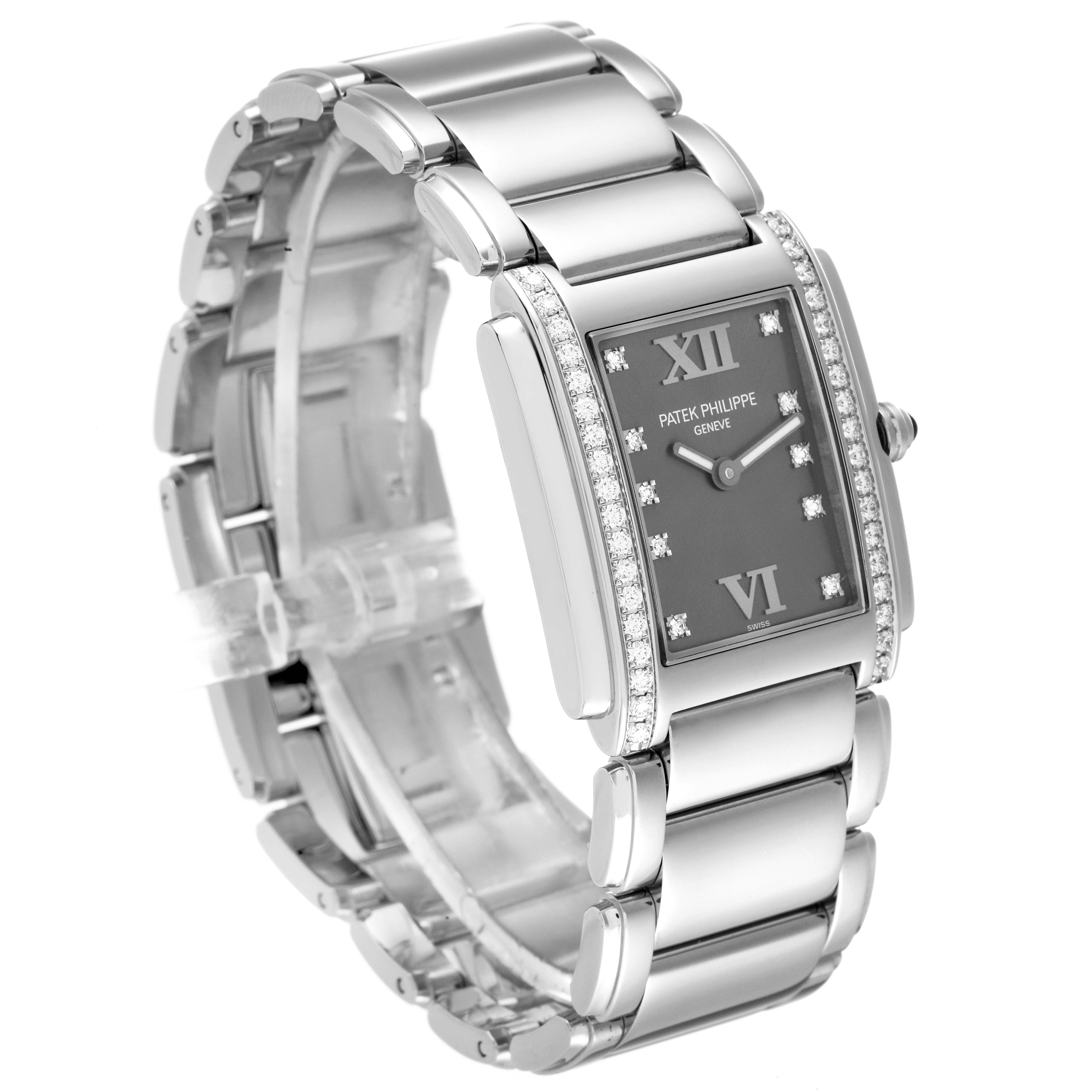 The image shows a Patek Philippe Twenty-4 4910 Women's Stainless Steel Grey Dial 4910 Women's Stainless Steel Grey Dial model watch at a slight angle, highlighting the bracelet and diamond-set rectangular face.