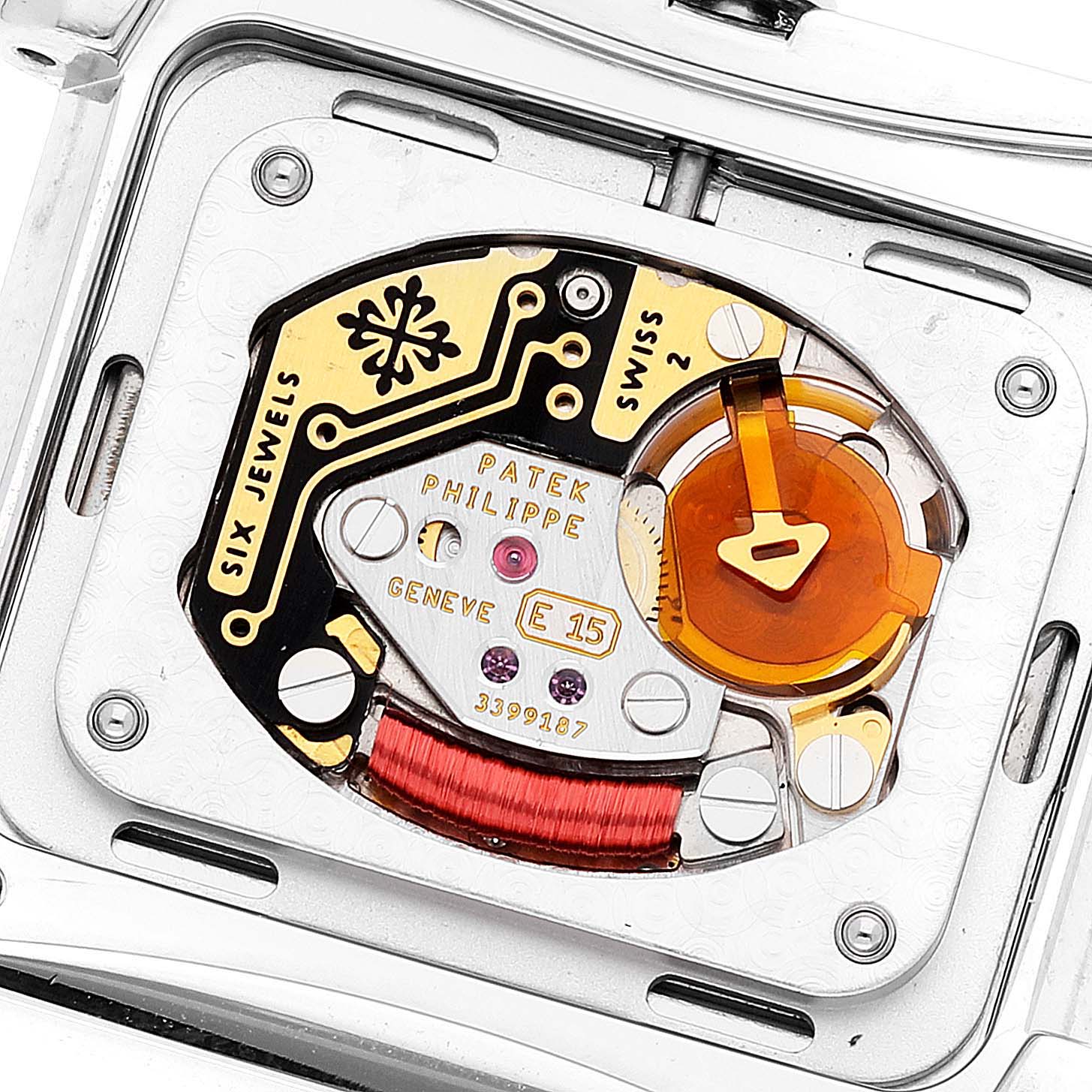 This image shows the back view of a Patek Philippe Twenty-4 4910 Women's Stainless Steel Grey Dial 4910 Women's Stainless Steel Grey Dial model, highlighting its internal movement and components.