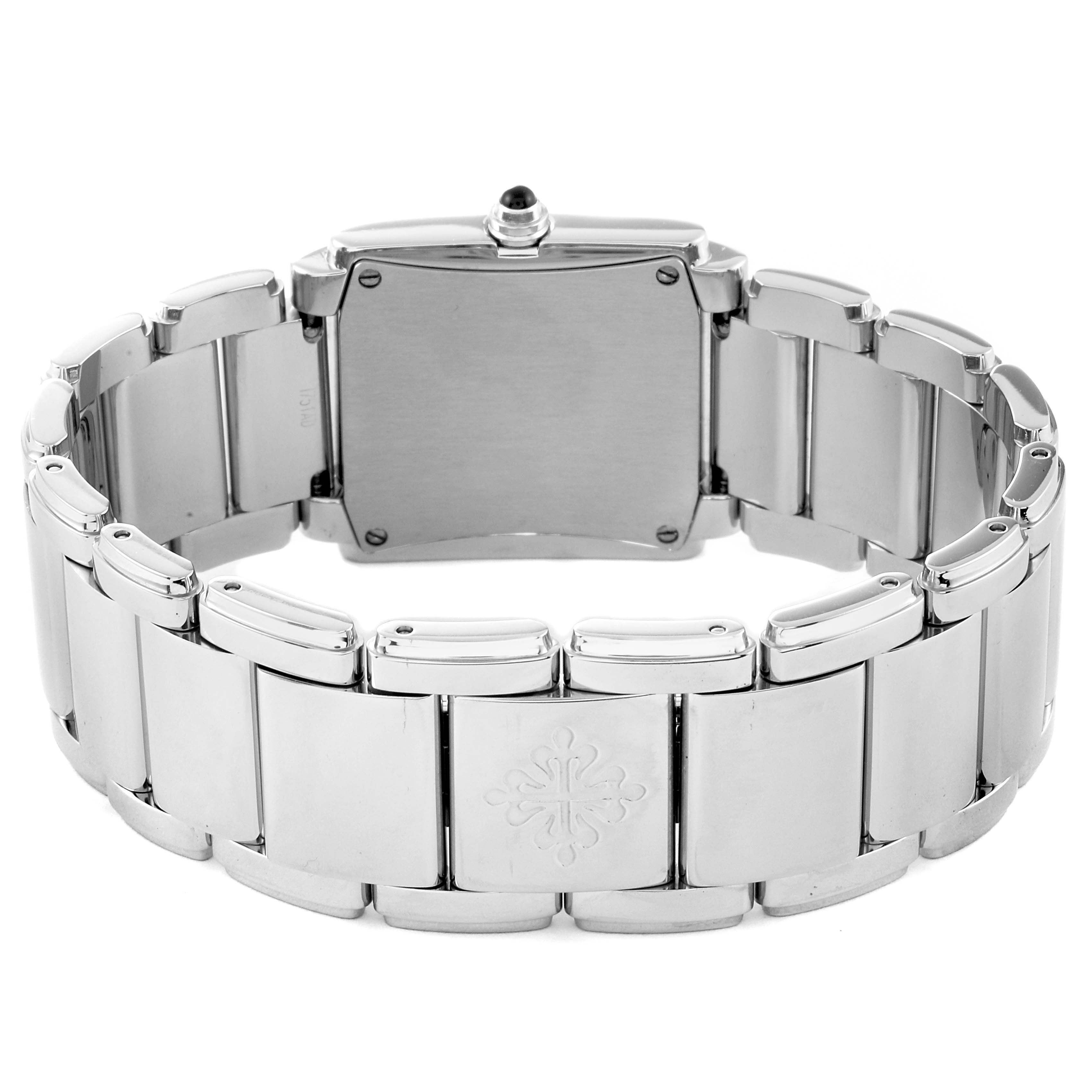 This image shows the back view of a Patek Philippe Twenty-4 4910 Women's Stainless Steel Grey Dial 4910 Women's Stainless Steel Grey Dial watch, focusing on the case back and stainless steel bracelet.