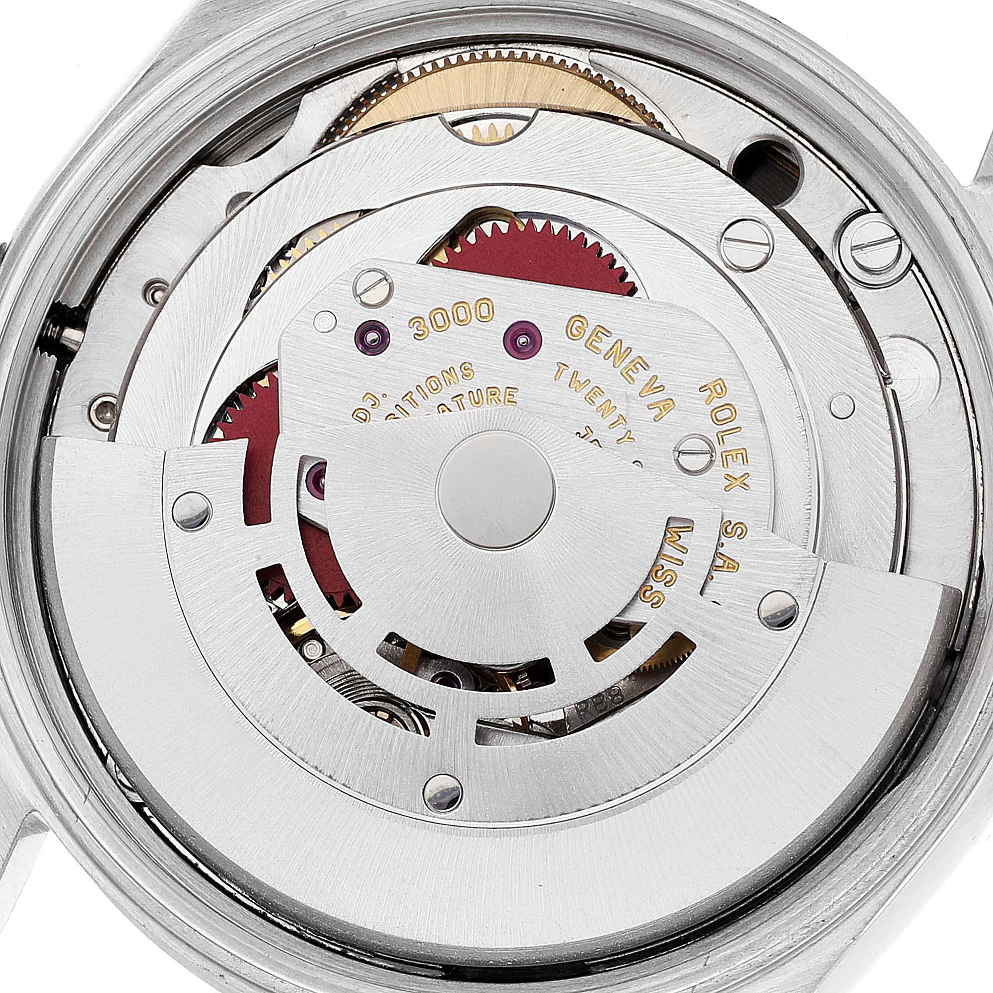 This image shows the internal mechanism of the Rolex Air-King 14000 Men's Stainless Steel Black Dial 14000 Men's Stainless Steel Black Dial watch from a rear angle, highlighting the rotor and gears.