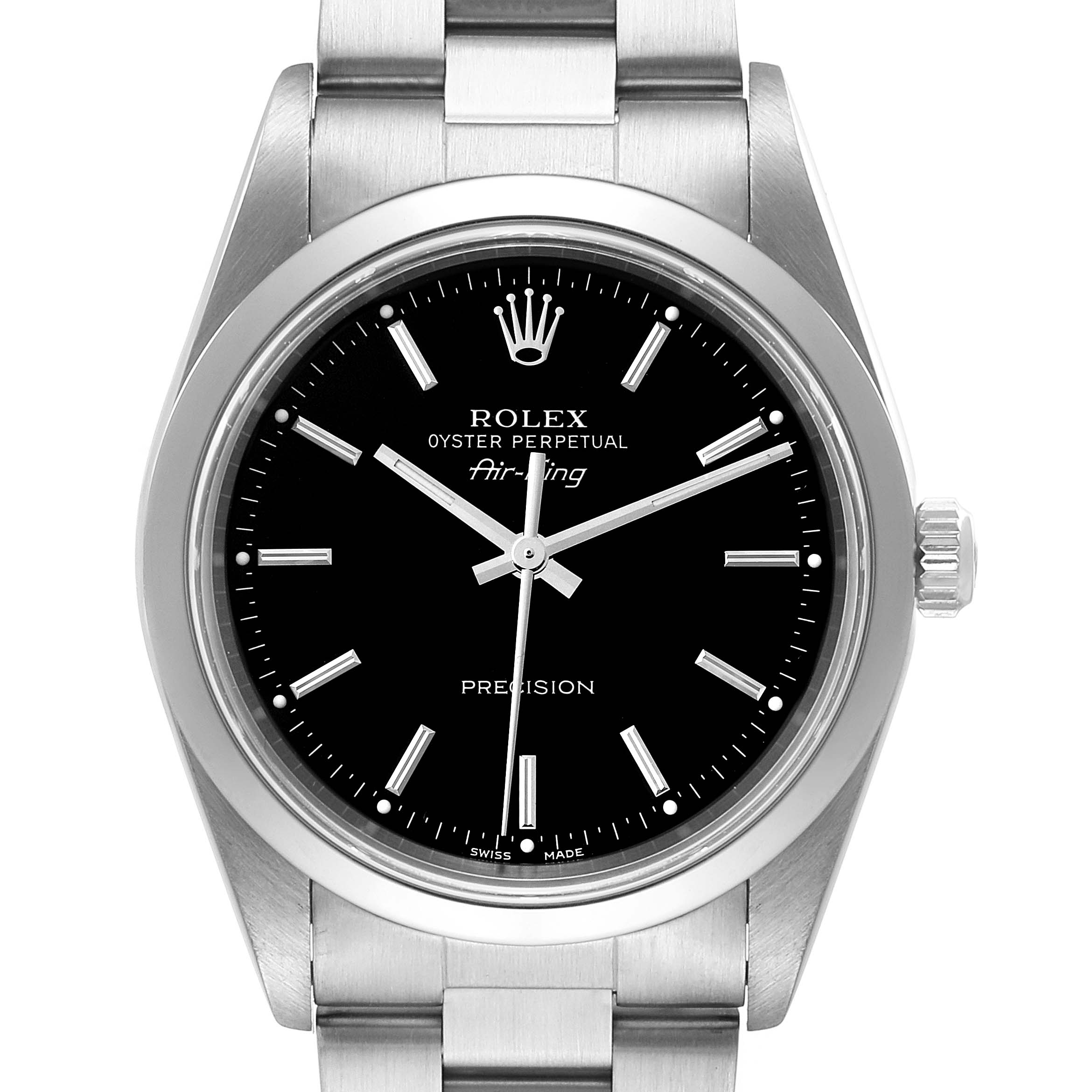 The Rolex Air-King 14000 Men's Stainless Steel Black Dial 14000 Men's Stainless Steel Black Dial watch is shown from a frontal view, highlighting its black dial, silver markers, and stainless steel bracelet.