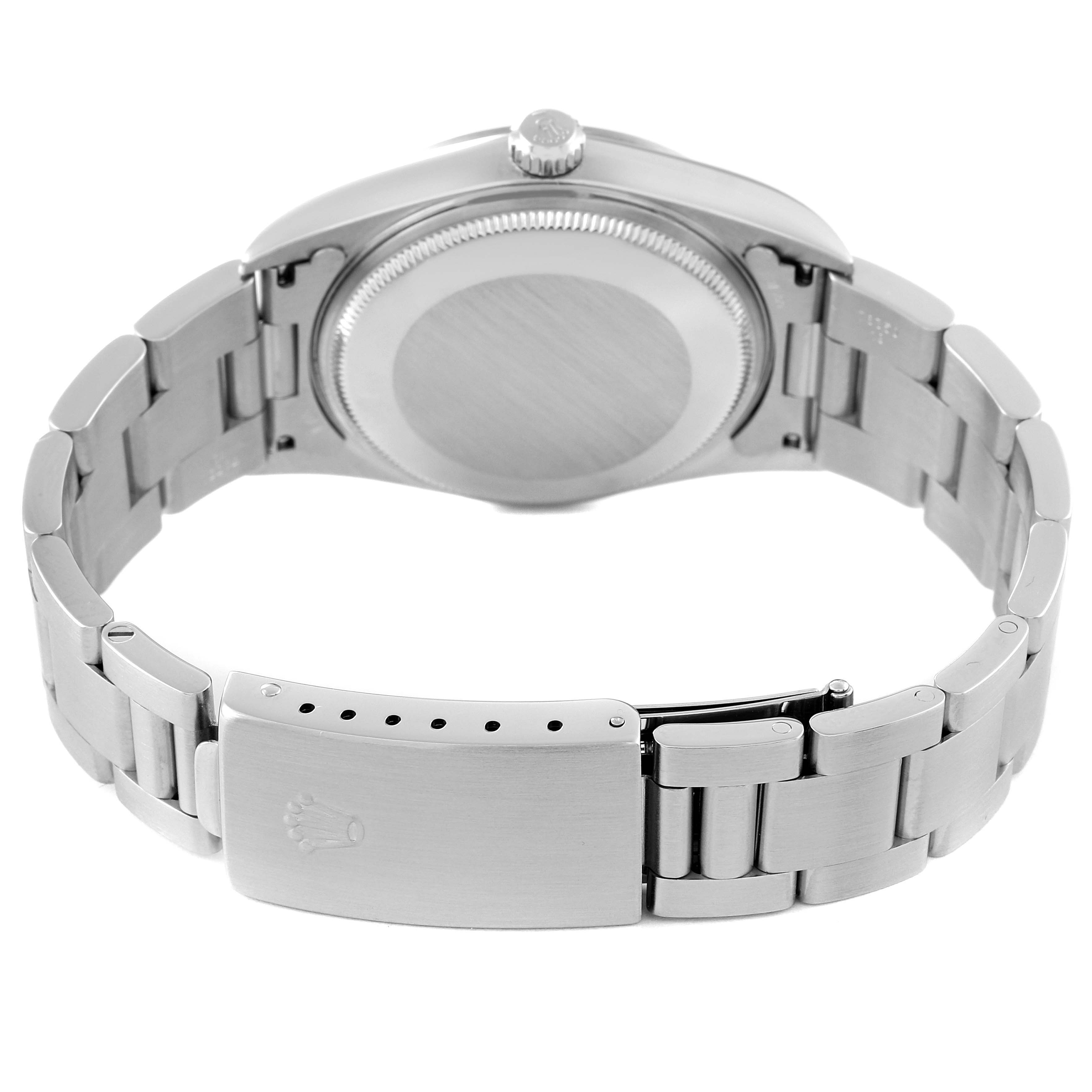 The image shows the back view of a Rolex Air-King 14000 Men's Stainless Steel Black Dial 14000 Men's Stainless Steel Black Dial watch, highlighting the bracelet and clasp.