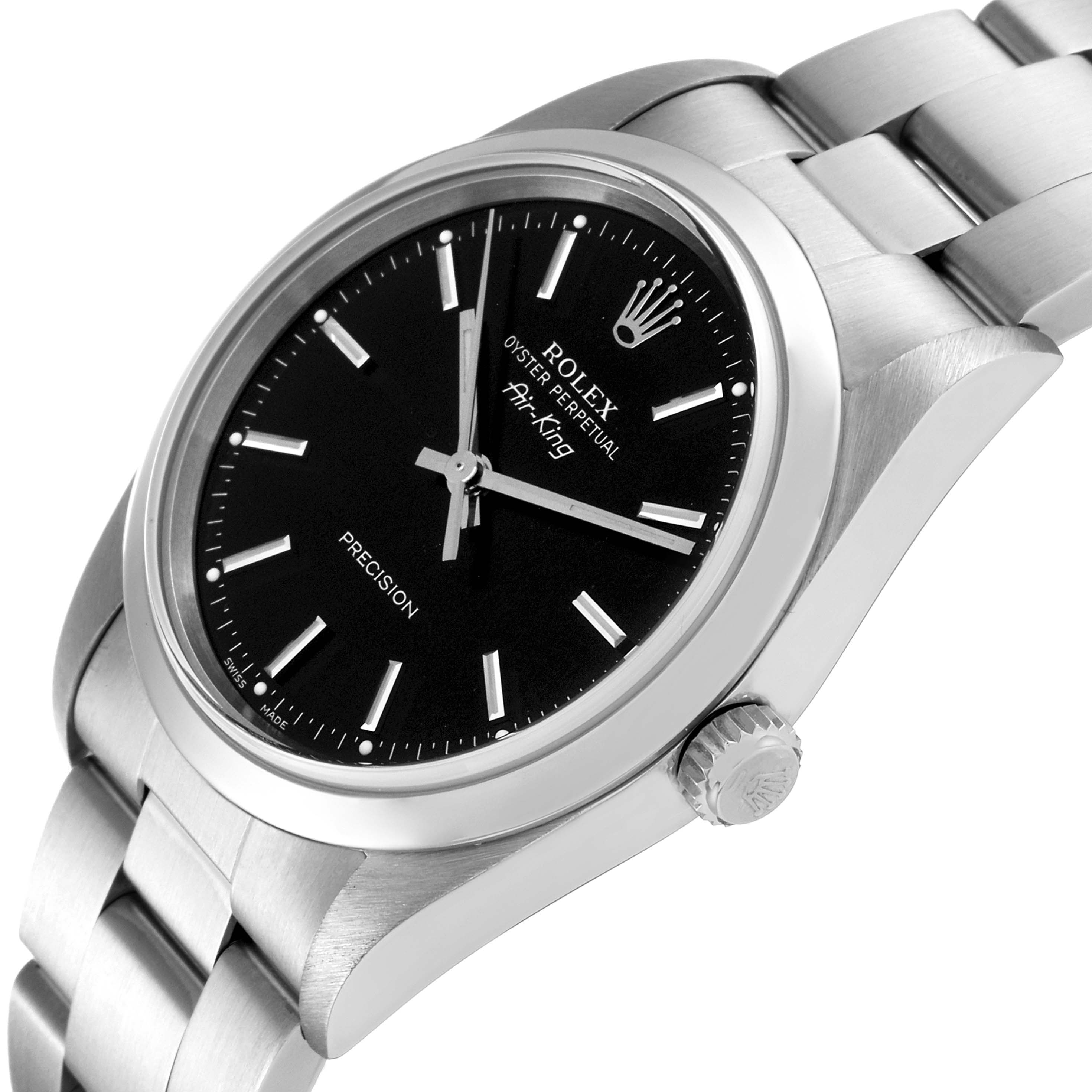 This image shows a side angle of the Rolex Air-King 14000 Men's Stainless Steel Black Dial 14000 Men's Stainless Steel Black Dial watch, highlighting the black dial, bezel, crown, and stainless steel bracelet.