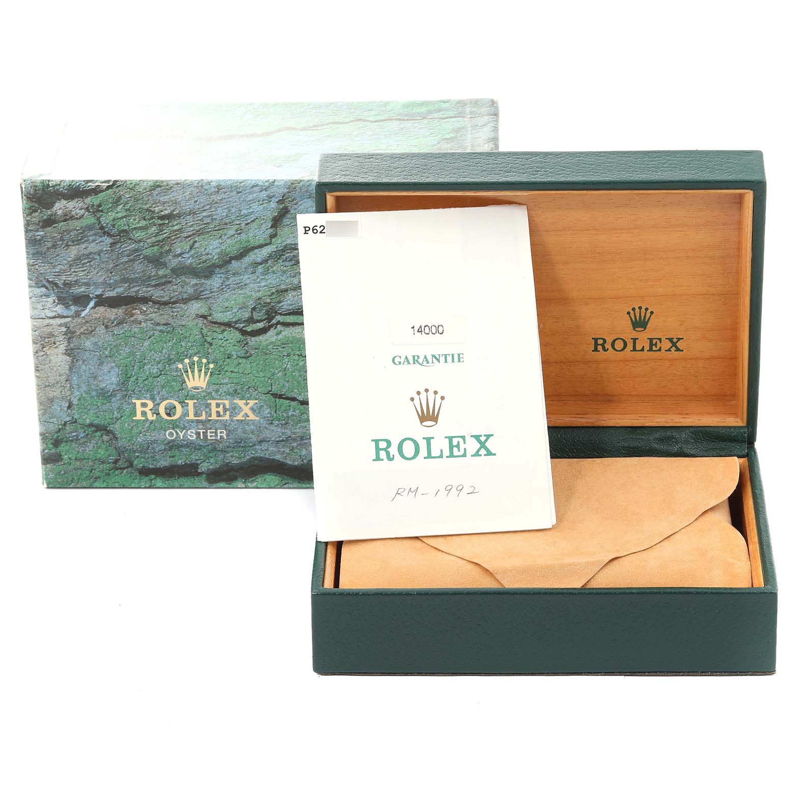 The image shows the packaging and paperwork for a Rolex Air-King 14000 Men's Stainless Steel Black Dial 14000 Men's Stainless Steel Black Dial, including the outer box, inner box, and warranty booklet.