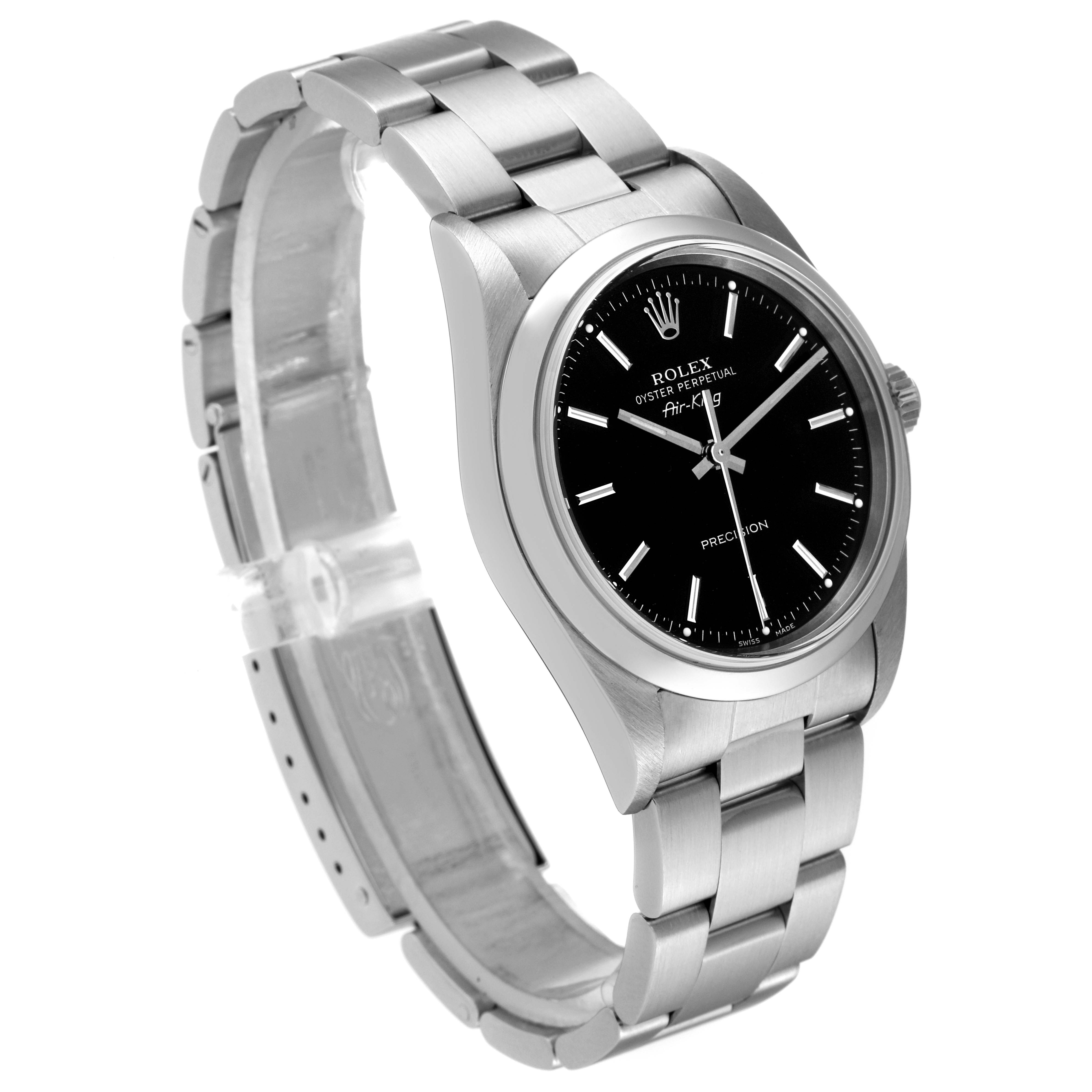 This Rolex Air-King 14000 Men's Stainless Steel Black Dial 14000 Men's Stainless Steel Black Dial watch is shown from an angled side view, displaying its bracelet, dial, and bezel clearly.