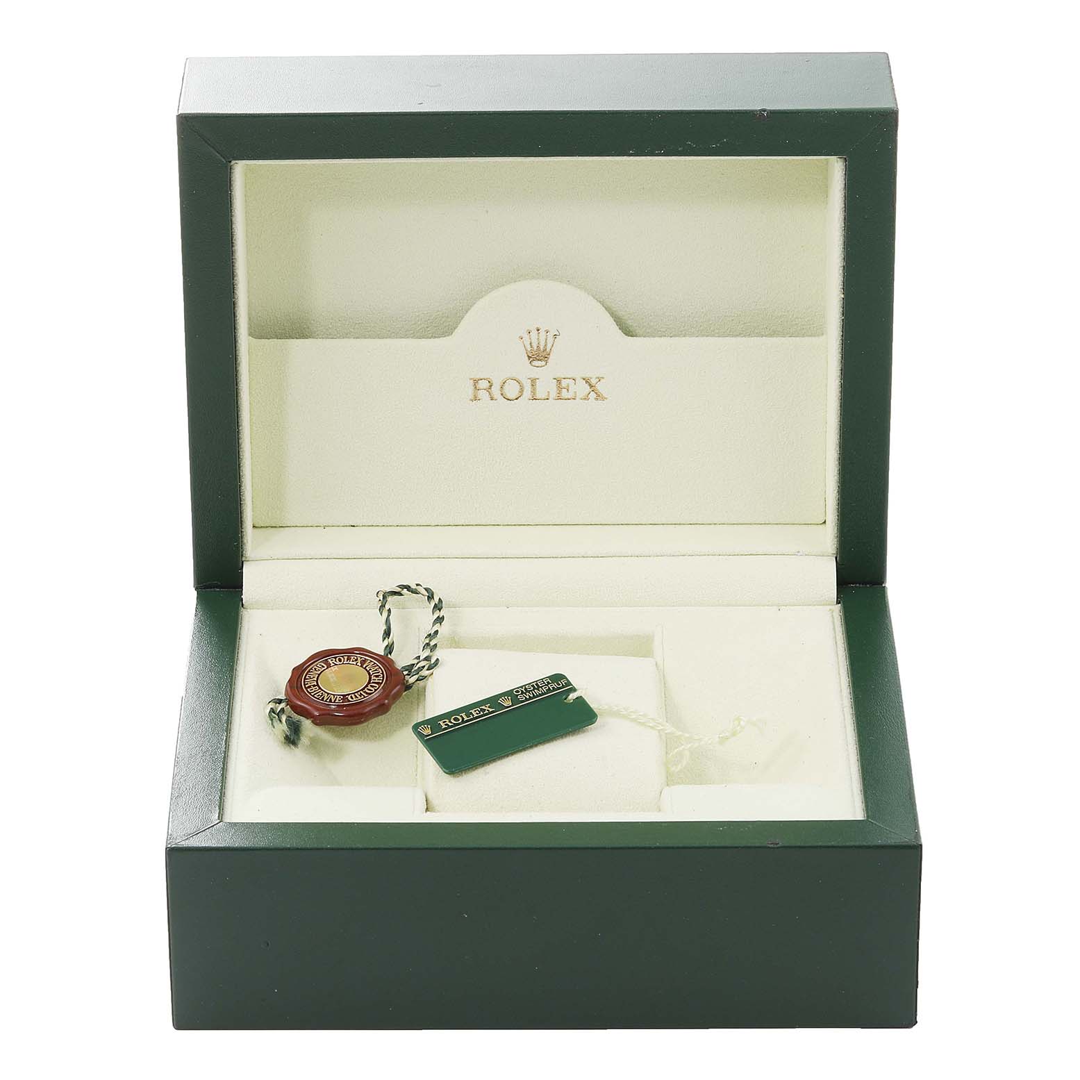 This image shows an open Rolex box for the Oyster Perpetual model, displaying tags and accessories.