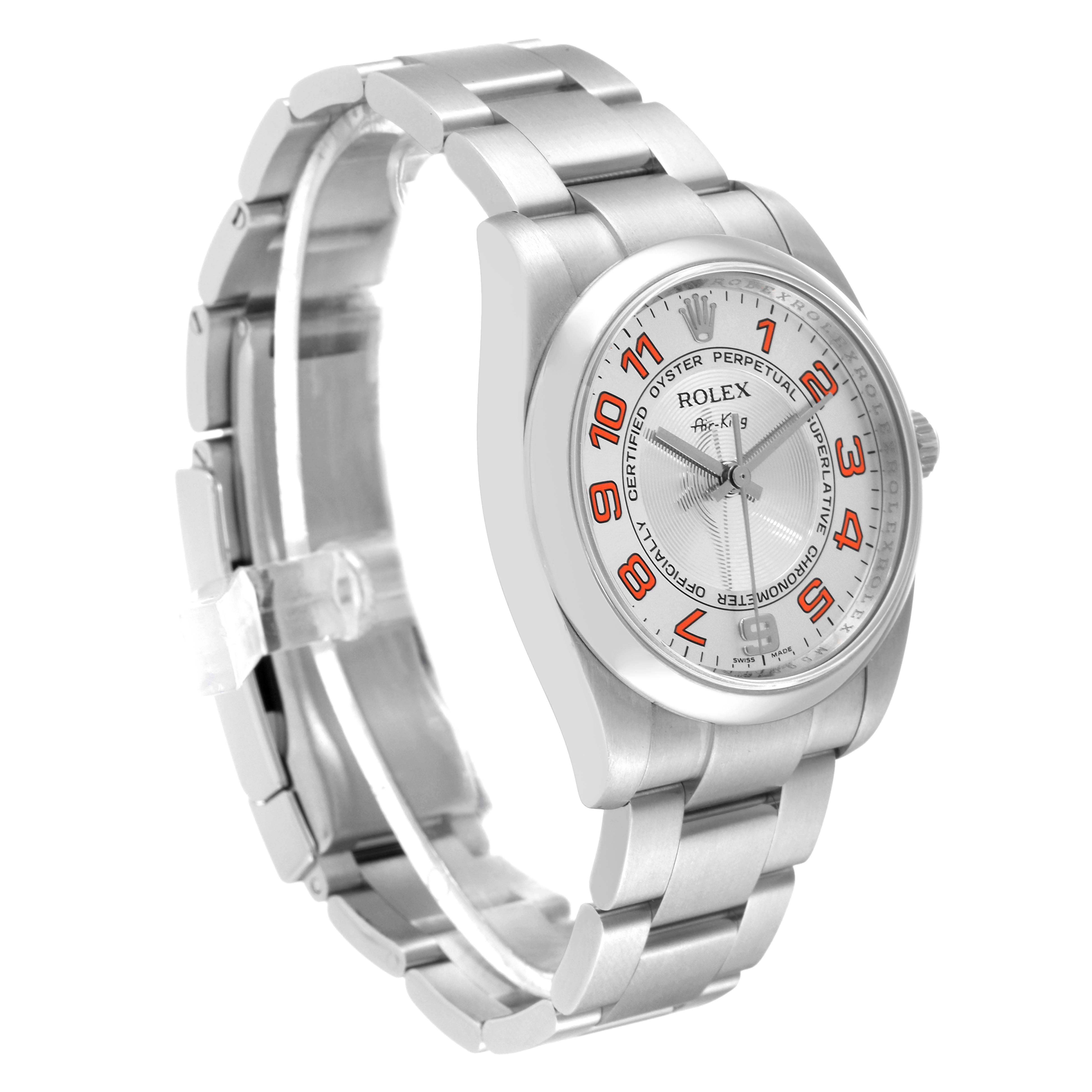 The image shows a side angle view of a Rolex Oyster Perpetual 114200 Men's Stainless Steel Silver Dial 114200 Men's Stainless Steel Silver Dial watch, displaying the face, bezel, and bracelet.