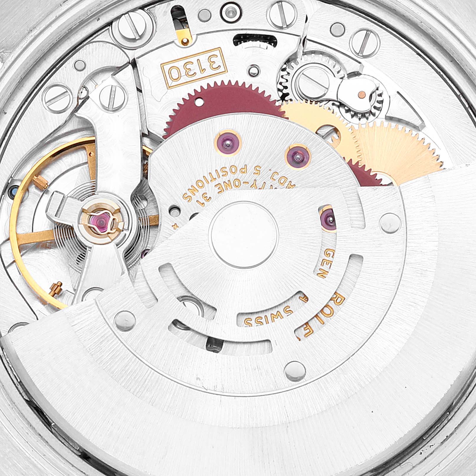 This image shows the intricate mechanical movement viewed from the back of a Rolex Oyster Perpetual 114200 Men's Stainless Steel Silver Dial 114200 Men's Stainless Steel Silver Dial watch.