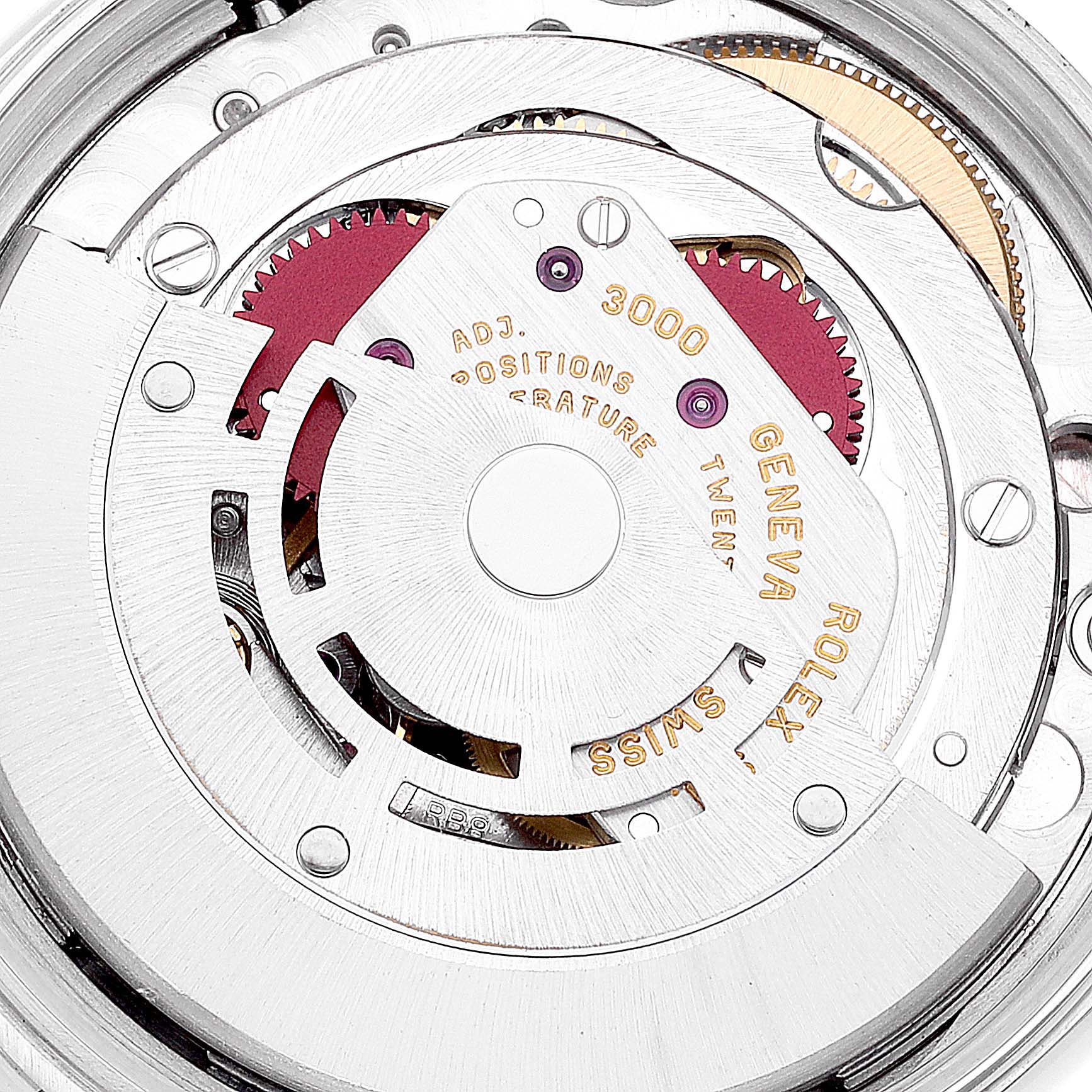 This is a close-up of the internal mechanical movement of the Rolex Air-King 14010 Men's Stainless Steel Silver Dial 14010 Men's Stainless Steel Silver Dial watch, showing gears and components.
