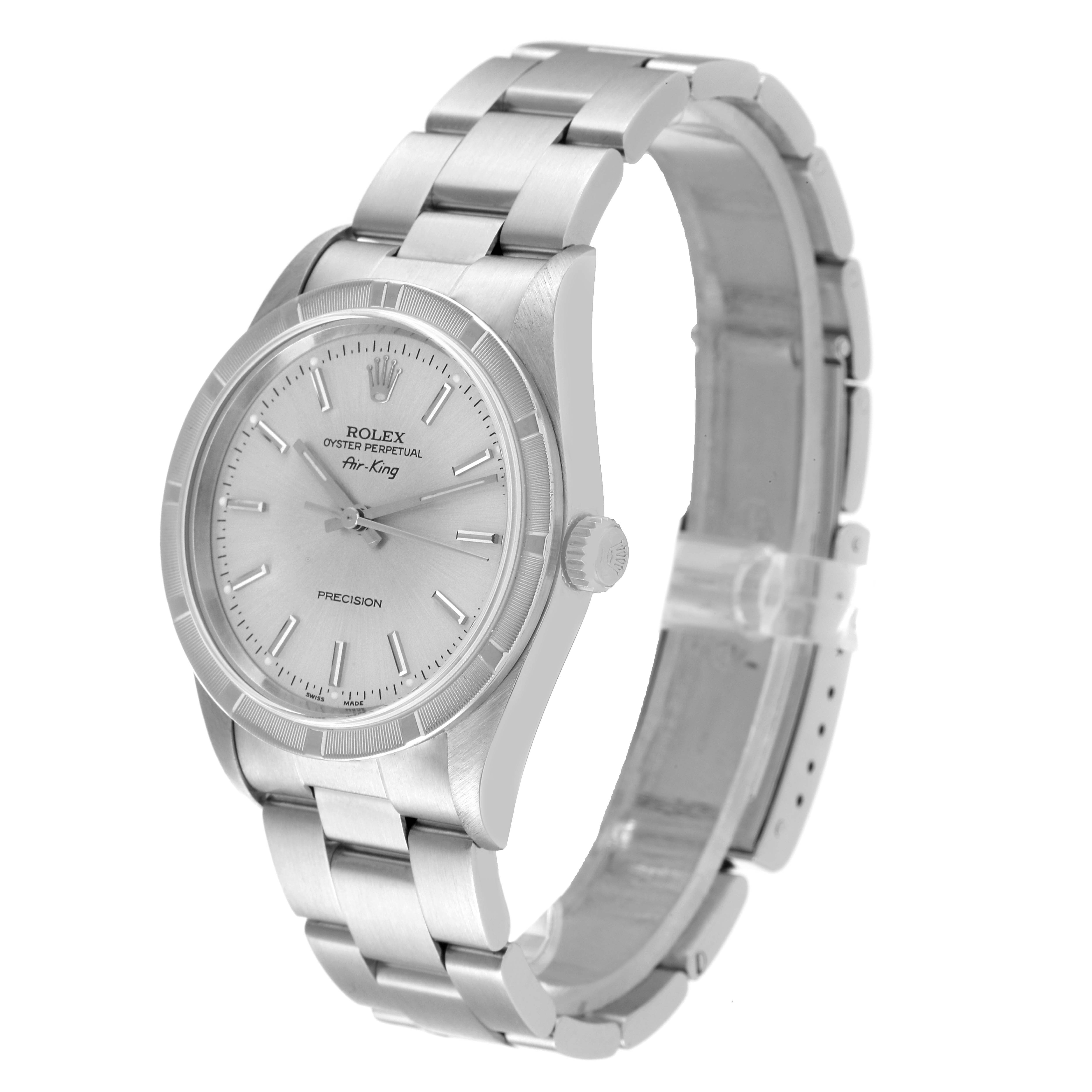 The image shows a Rolex Air-King 14010 Men's Stainless Steel Silver Dial 14010 Men's Stainless Steel Silver Dial watch at an angled side view, highlighting the face, bezel, crown, and bracelet.