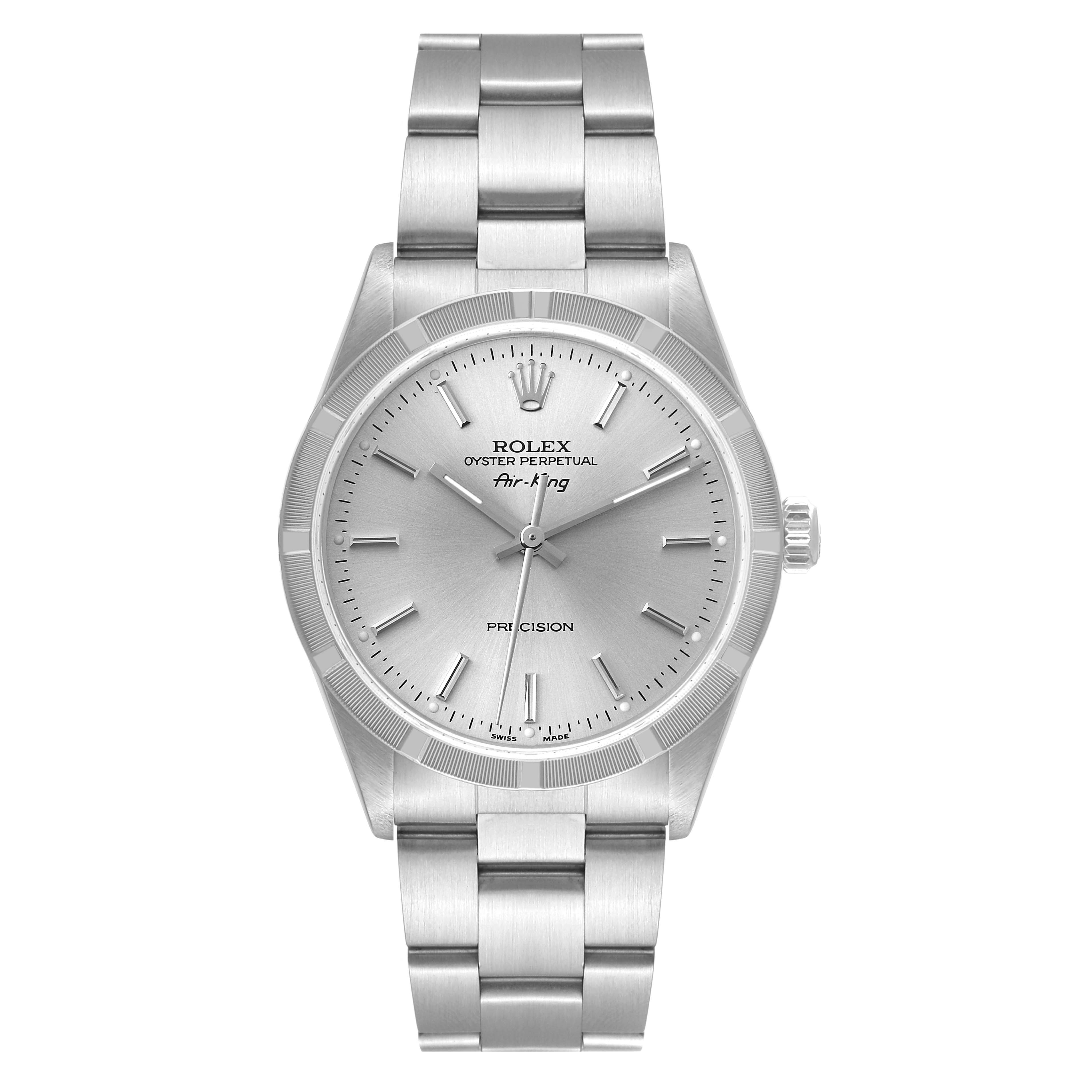 The image shows the Rolex Air-King 14010 Men's Stainless Steel Silver Dial 14010 Men's Stainless Steel Silver Dial watch from the front, highlighting its face, bracelet, and crown.