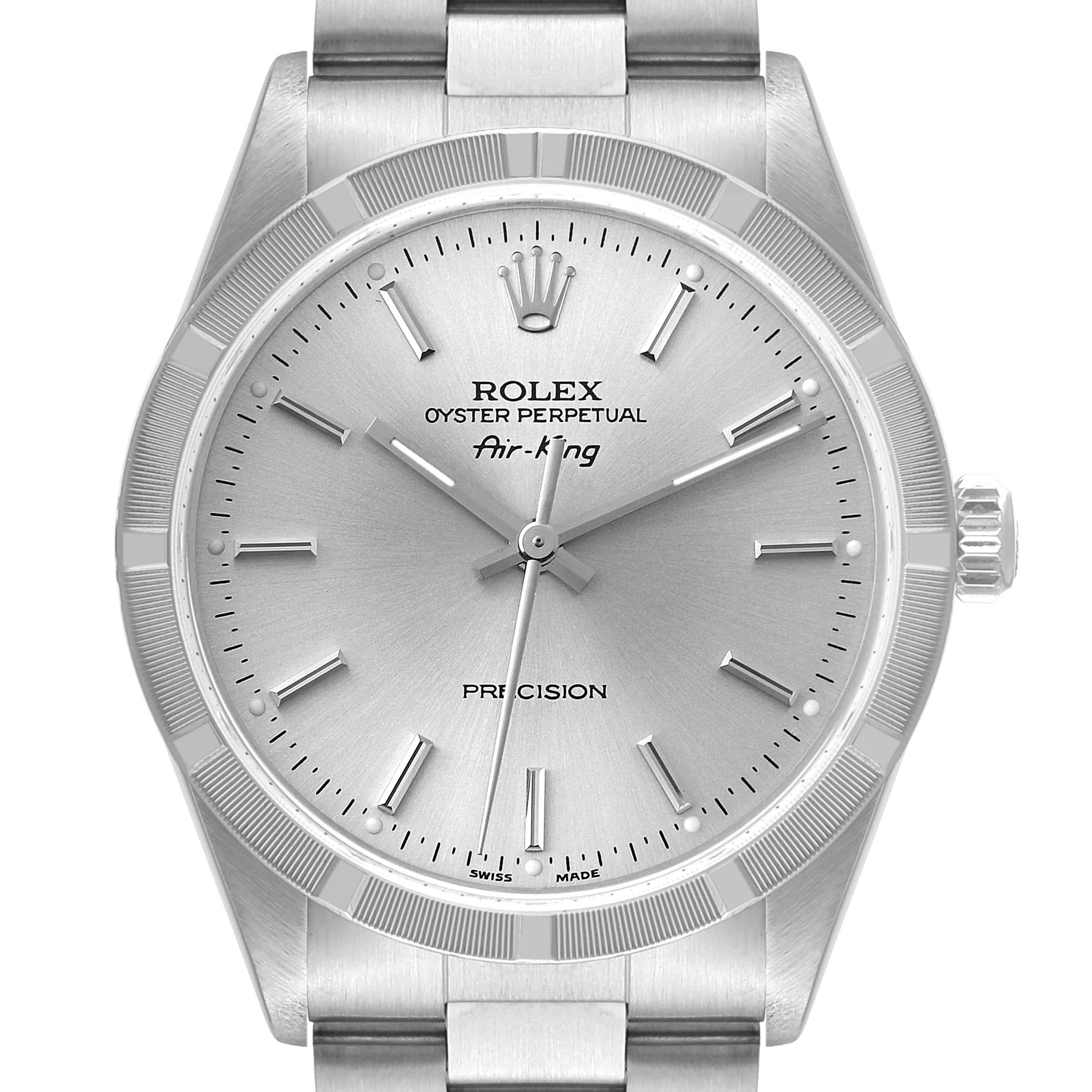 The image shows a front view of the Rolex Air-King 14010 Men's Stainless Steel Silver Dial 14010 Men's Stainless Steel Silver Dial watch, featuring the dial, hands, bezel, and part of the bracelet.