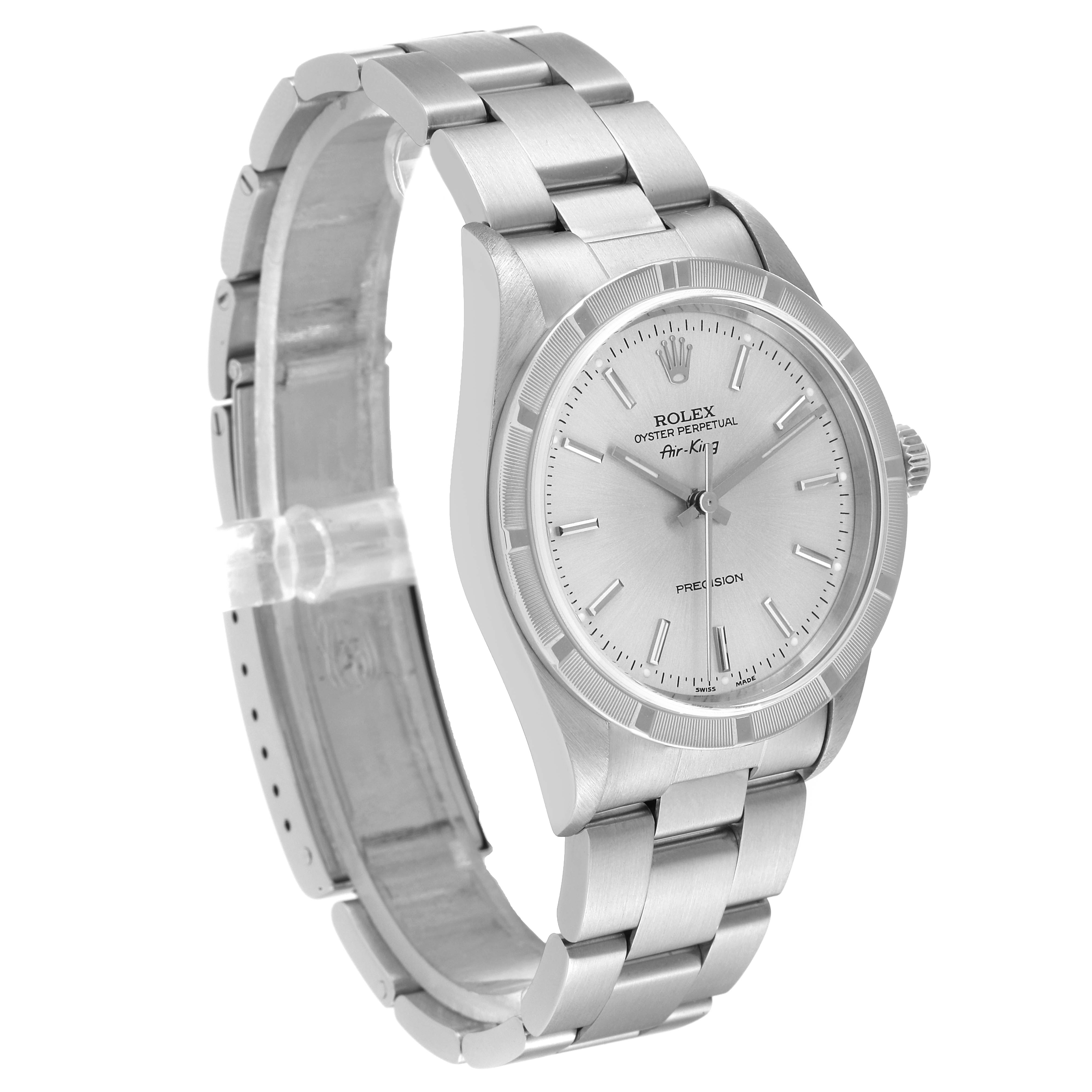 The Rolex Air-King 14010 Men's Stainless Steel Silver Dial 14010 Men's Stainless Steel Silver Dial watch is shown from a slight left side angle, highlighting the dial, bezel, and bracelet.