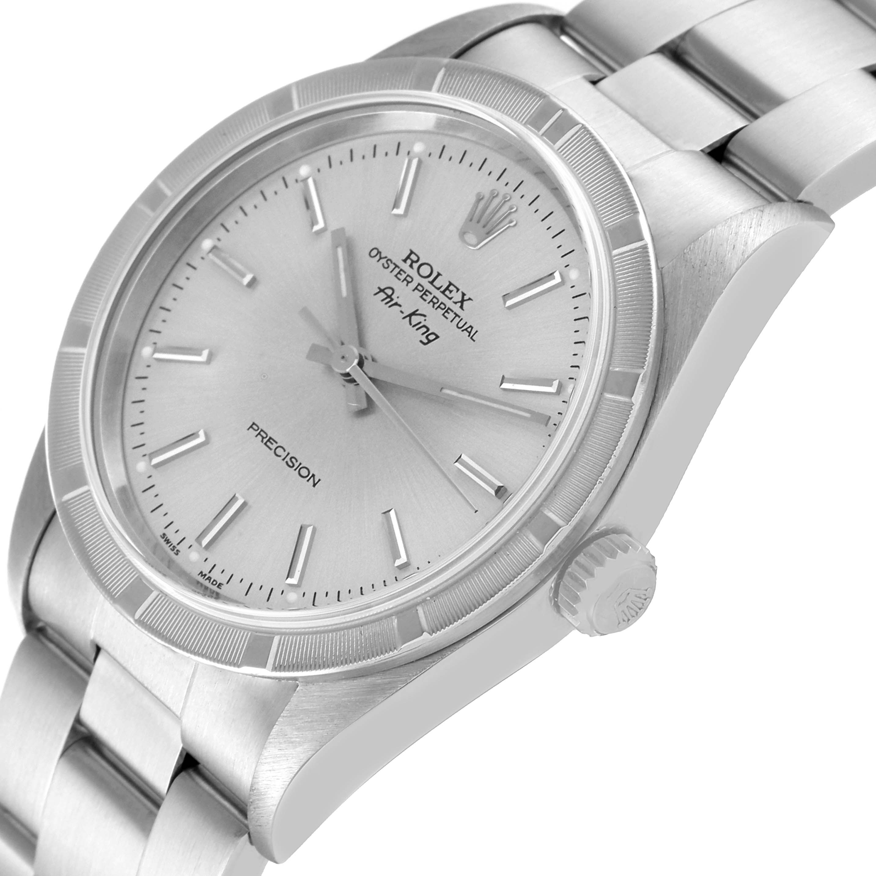 The image shows a side angle of the Rolex Air-King 14010 Men's Stainless Steel Silver Dial 14010 Men's Stainless Steel Silver Dial watch, highlighting the dial, crown, and part of the bracelet.