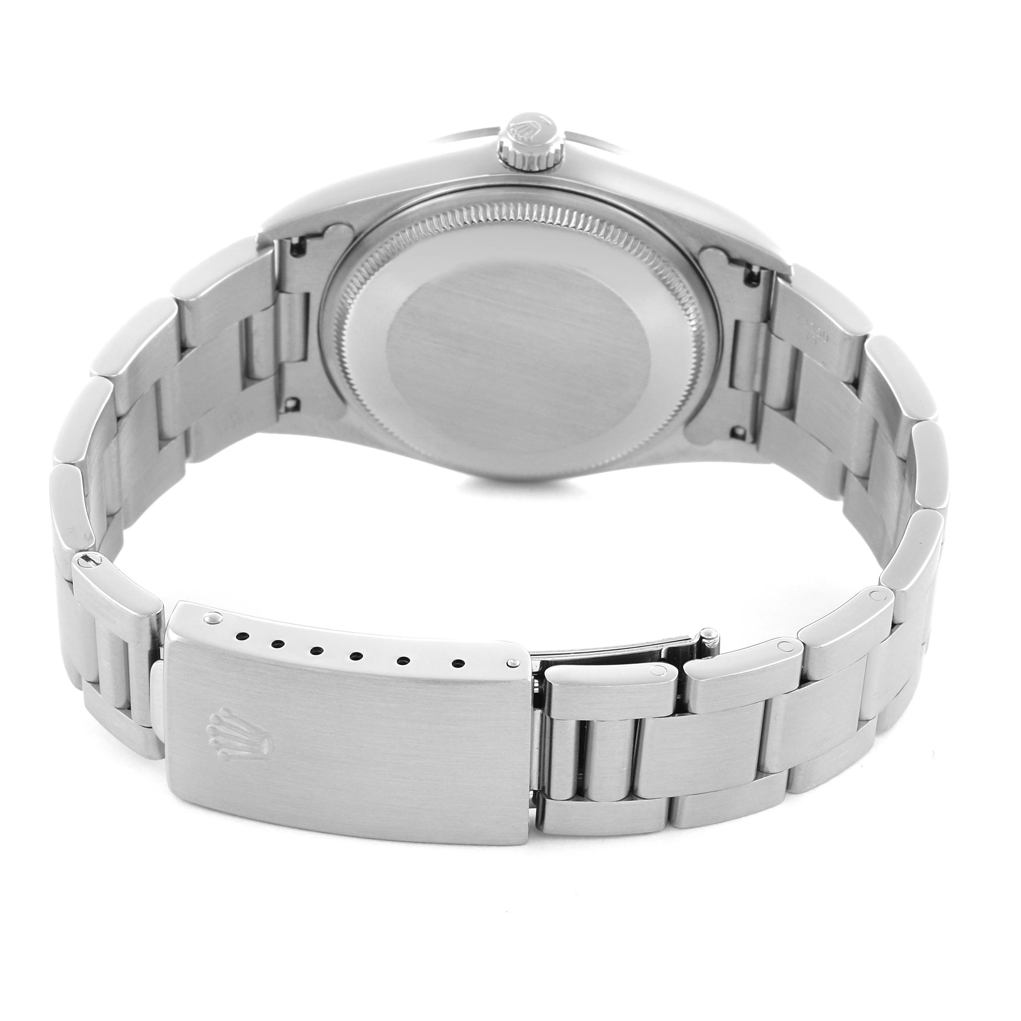 The image shows the back view of a Rolex Air-King 14000 Men's Stainless Steel White Dial 14000 Men's Stainless Steel White Dial watch, highlighting the bracelet and clasp.